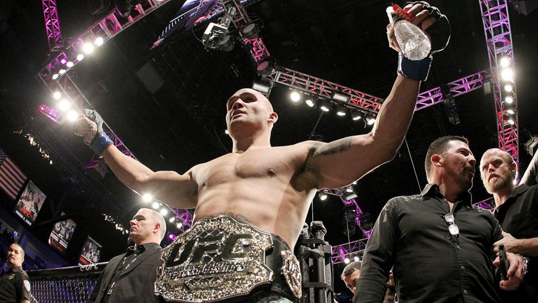LAS VEGAS, NV - DECEMBER 06: Robbie Lawler celebrates after defeating Johny Hendricks by a split decision in their welterweight title fight during the UFC 181 event at the Mandalay Bay Events Center on December 6, 2014 in Las Vegas, Nevada. (Photo by Alex Trautwig/Getty Images)