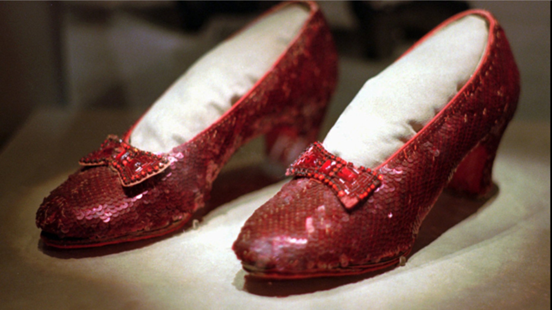 April 10, 1996: This file photo shows one of the four pairs of ruby slippers worn by Judy Garland in the 1939 film "The Wizard of Oz" on display during a media tour of the "America's Smithsonian" traveling exhibition in Kansas City, Mo.