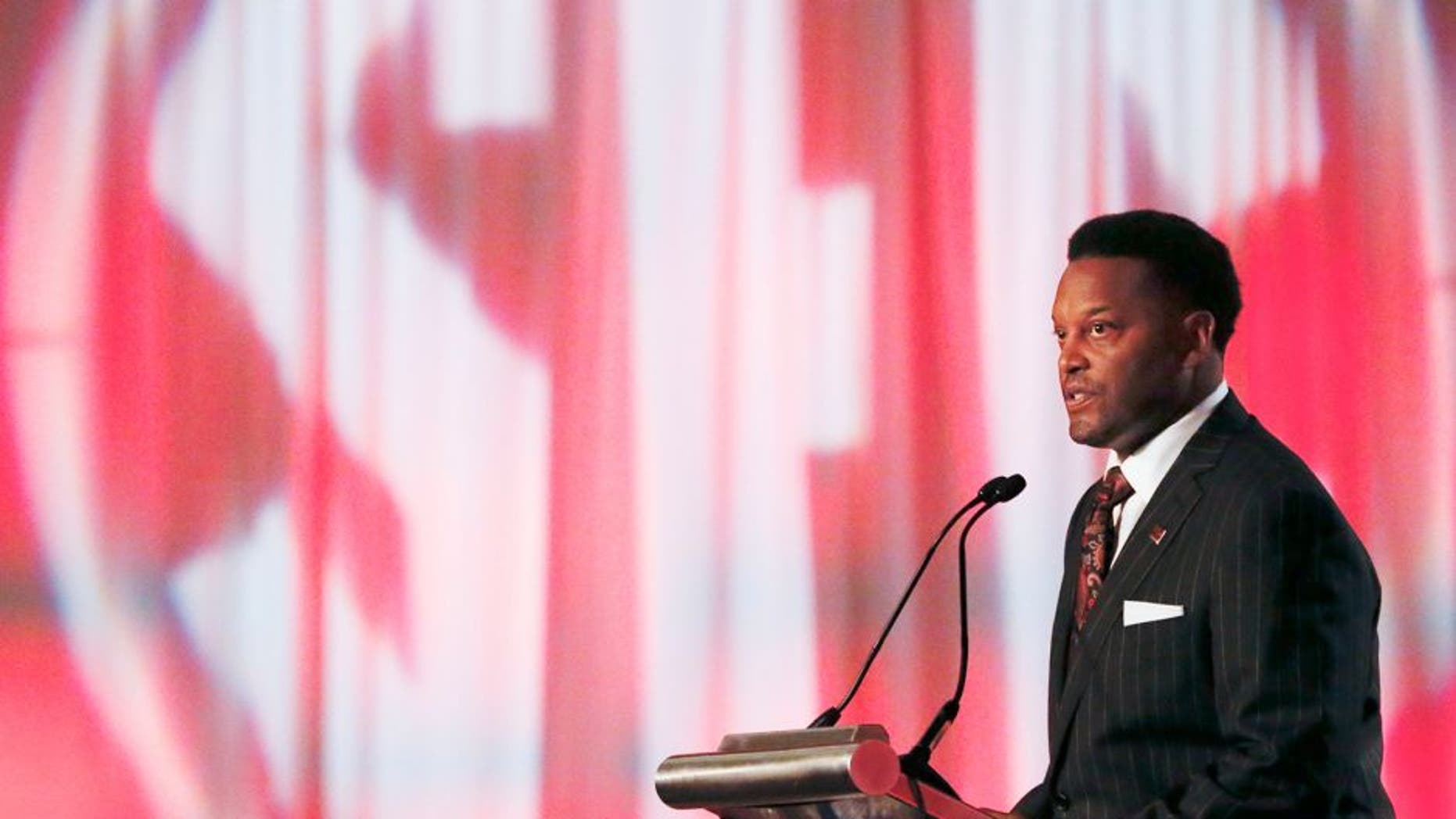 Texas A&M coach Kevin Sumlin speaks to the media at the Southeastern Conference NCAA college football media days, Tuesday, July 12, 2016, in Hoover, Ala. (AP Photo/Brynn Anderson)