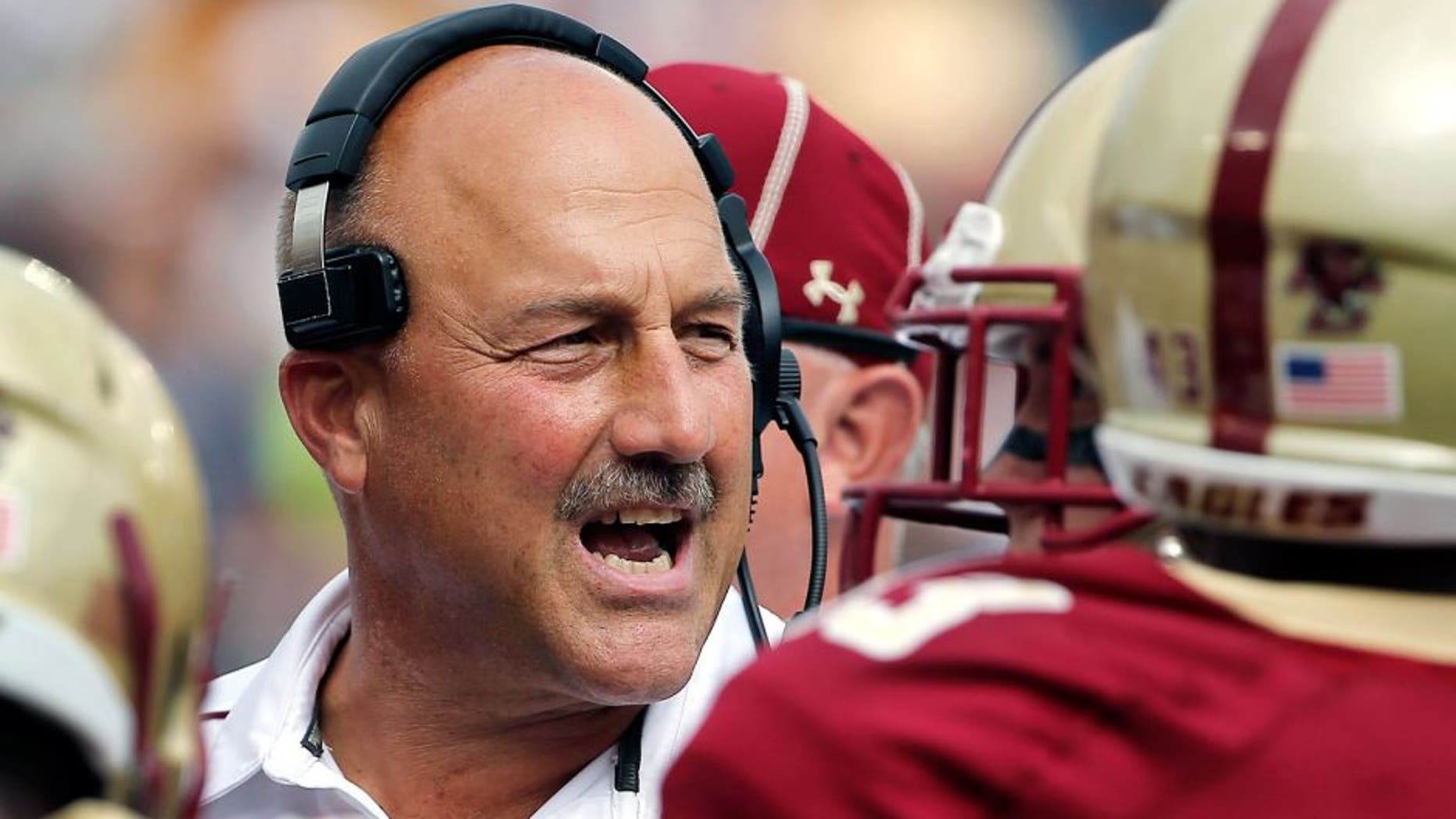Sep 20, 2014; Boston, MA, USA; Boston College head coach Steve Addazio talks to his players during the first half against Maine at Alumni Stadium. Mandatory Credit: Winslow Townson-USA TODAY Sports