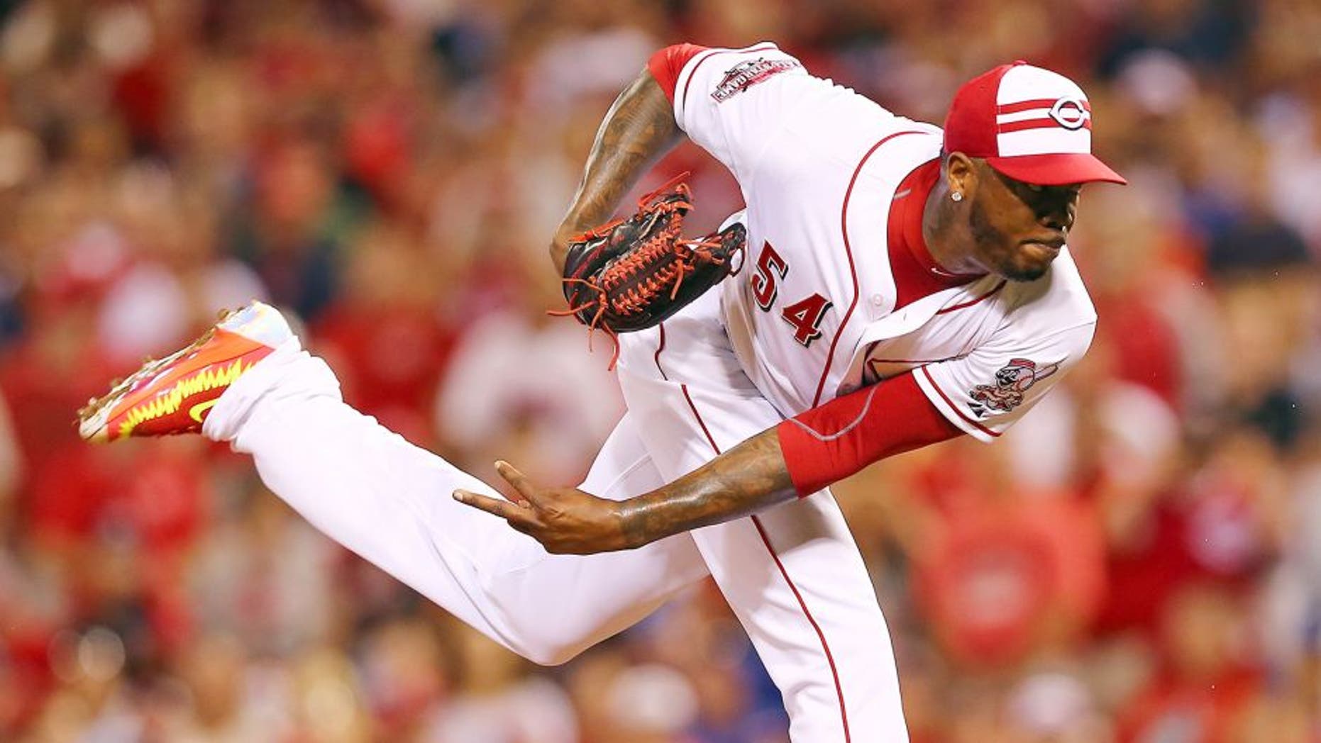 CINCINNATI, OH - JULY 14: National League All-Star Aroldis Chapman #54 of the Cincinnati Reds throws a pitch in the ninth inning against the American League during the 86th MLB All-Star Game at the Great American Ball Park on July 14, 2015 in Cincinnati, Ohio. (Photo by Elsa/Getty Images)