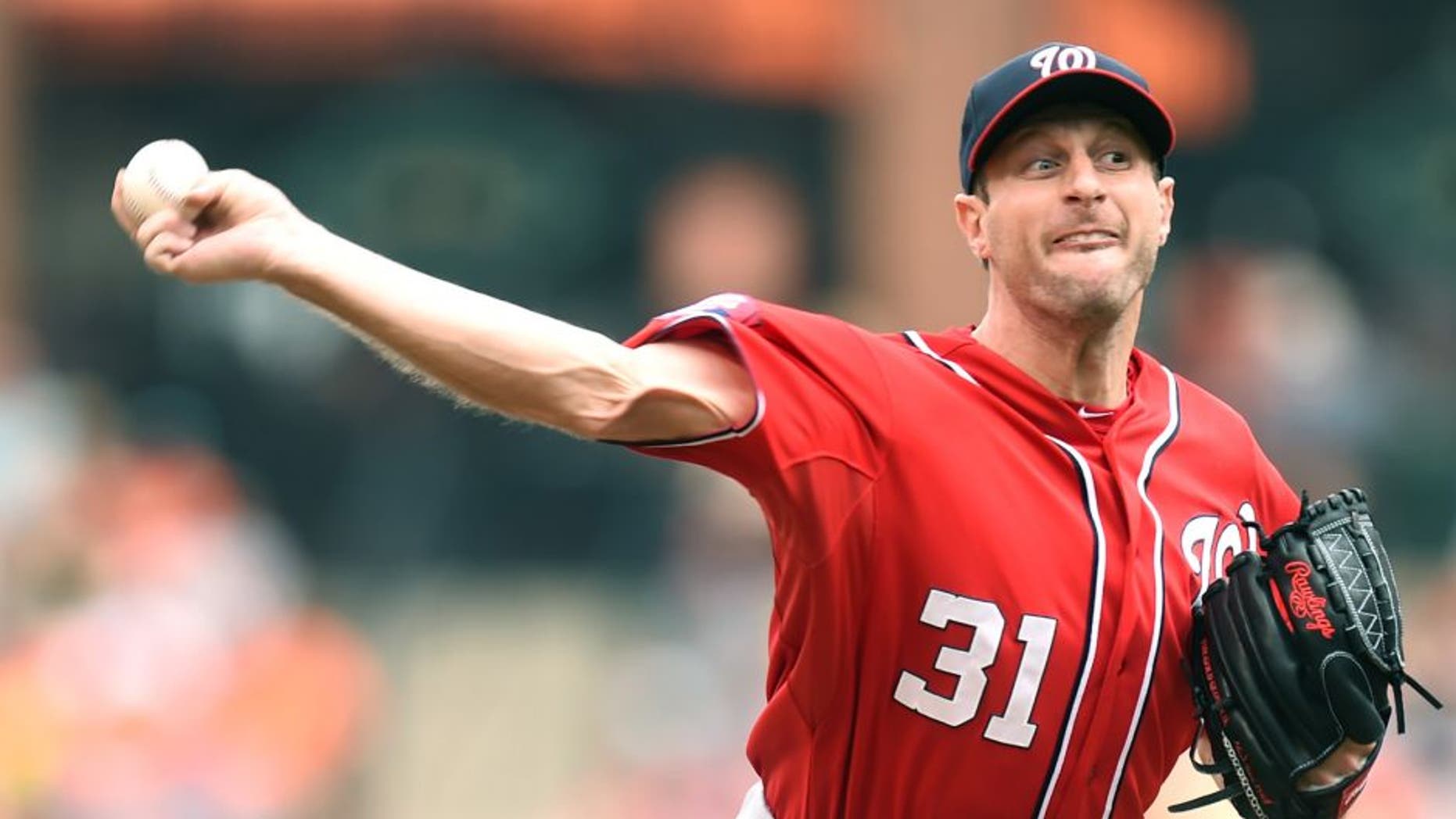 BALTIMORE, MD - JULY 12: Max Scherzer #31 of the Washington Nationals pitches in the first inning during a baseball game against the Baltimore Orioles at Oriole Park at Camden Yards on July 12, 2015 in Baltimore, Maryland. (Photo by Mitchell Layton/Getty Images)