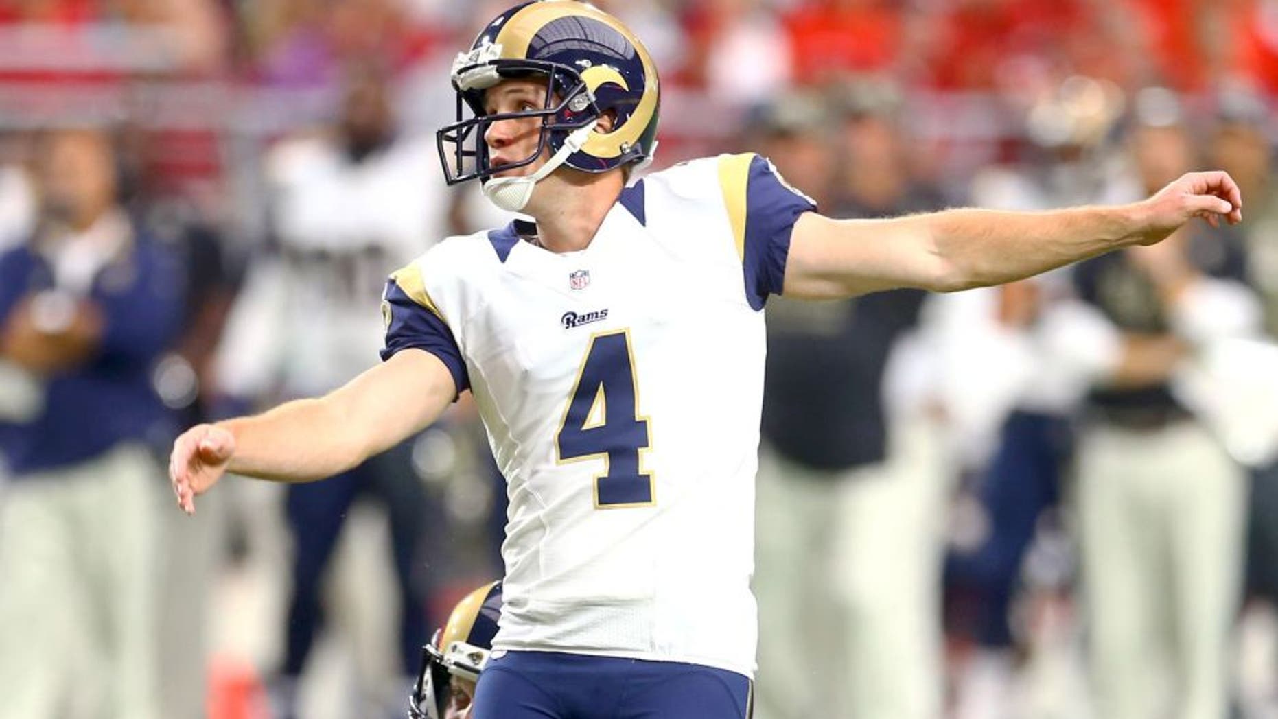 Nov 9, 2014; Glendale, AZ, USA; St. Louis Rams kicker Greg Zuerlein (4) against the Arizona Cardinals at University of Phoenix Stadium. The Cardinals defeated the Rams 31-14. Mandatory Credit: Mark J. Rebilas-USA TODAY Sports