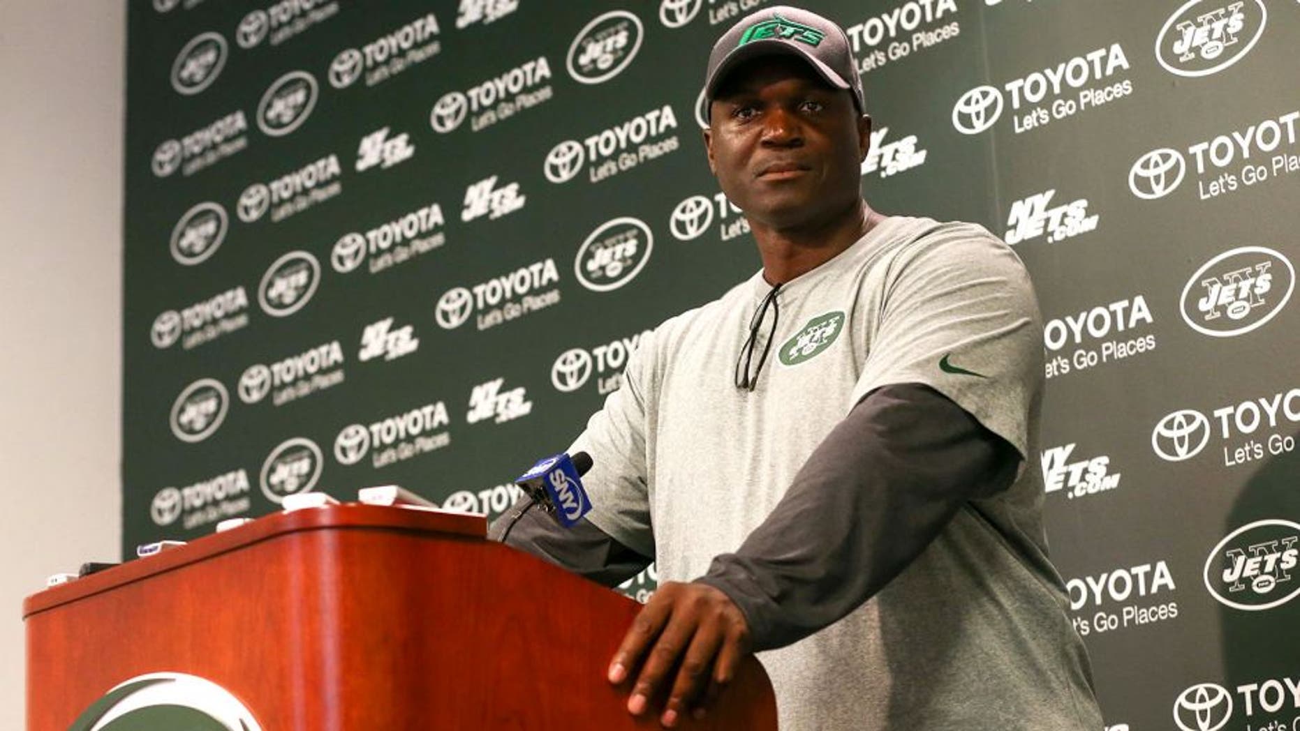 May 27, 2015; East Rutherford, NJ, USA; New York Jets head coach Todd Bowles speaks to the media after the organized team activities at Atlantic Health Jets Training Center. Mandatory Credit: Ed Mulholland-USA TODAY Sports