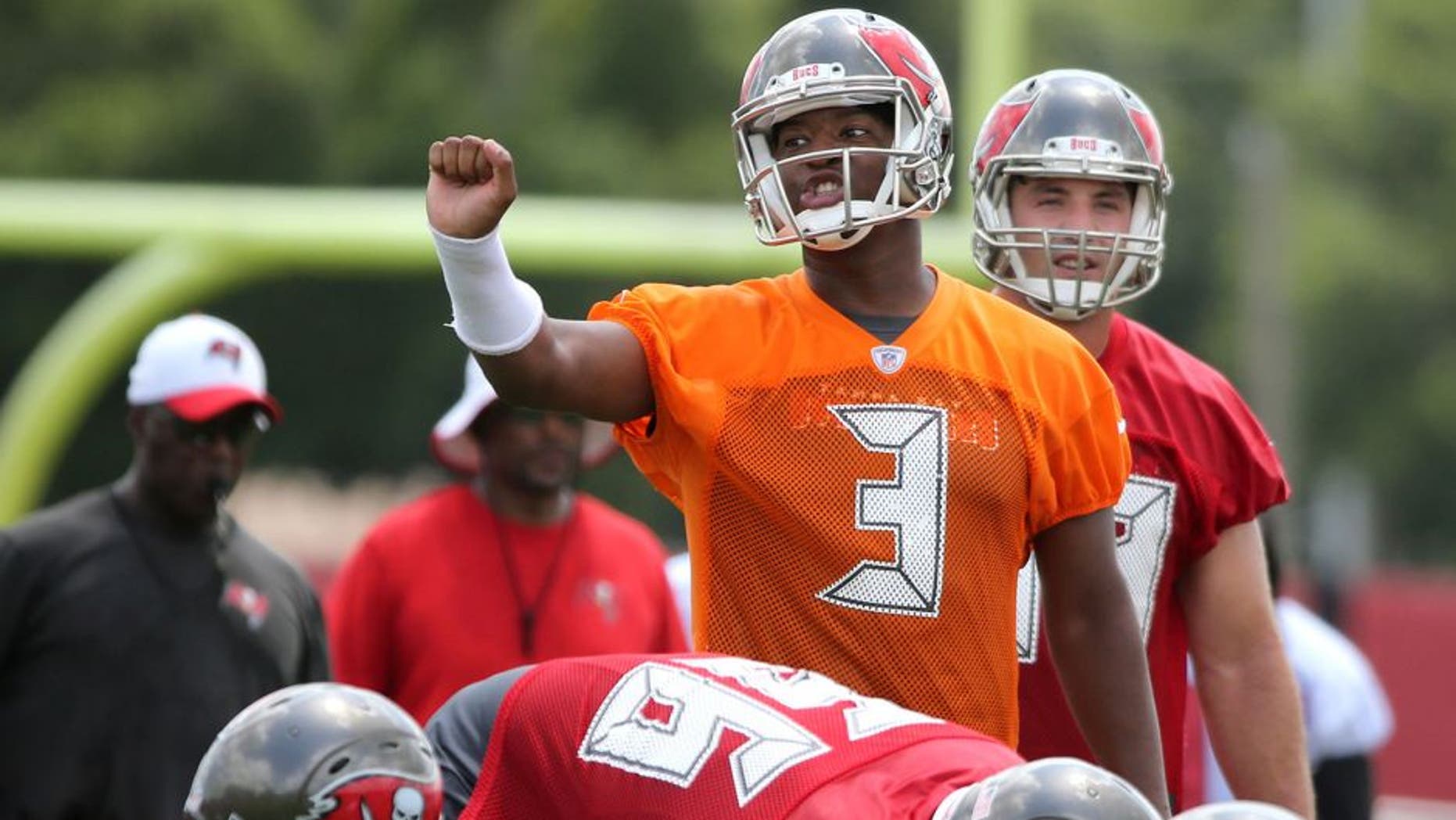 Jun 16, 2015; Tampa Bay, FL, USA; Tampa Bay Buccaneers quarterback Jameis Winston (3) calls a play during minicamp at One Buc Place. Mandatory Credit: Kim Klement-USA TODAY Sports