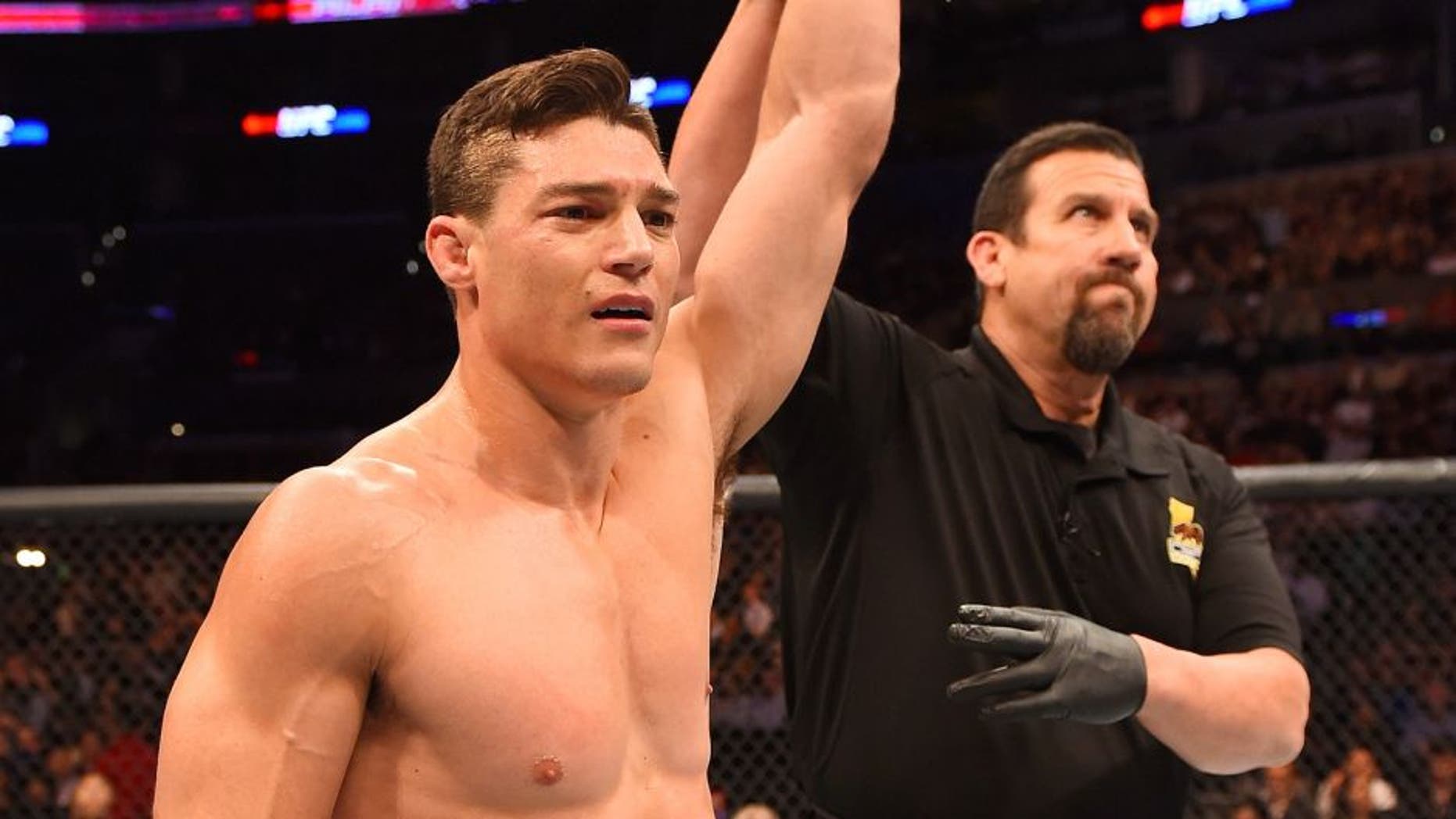 LOS ANGELES, CA - FEBRUARY 28: Alan Jouban celebrates his win over Richard Walsh in their welterweight bout during the UFC 184 event at Staples Center on February 28, 2015 in Los Angeles, California. (Photo by Josh Hedges/Zuffa LLC/Zuffa LLC via Getty Images)