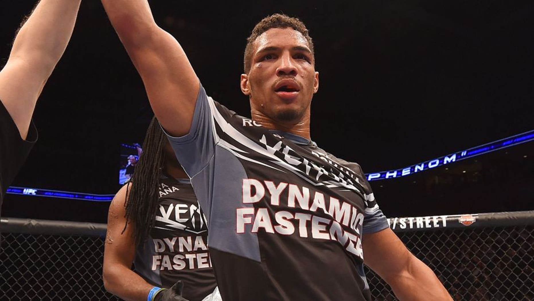 BROOMFIELD, CO - FEBRUARY 14: Kevin Lee celebrates after defeating Michel Prazeres by unanimous decision in their lightweight fight during the UFC Fight Night event inside 1stBank Center on February 14, 2015 in Broomfield, Colorado. (Photo by Josh Hedges/Zuffa LLC/Zuffa LLC via Getty Images)
