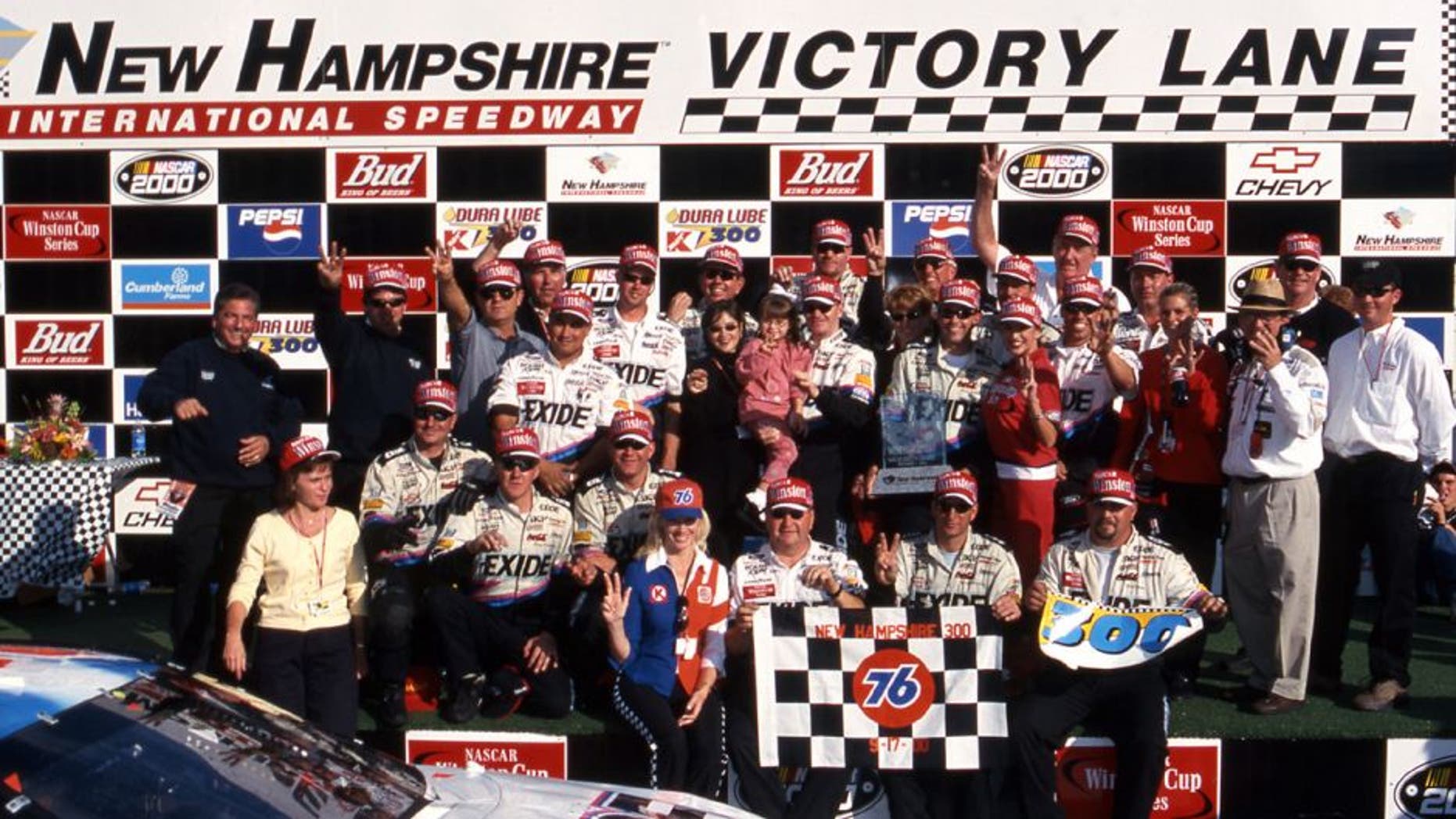 LOUDON, NH - SEPTEMBER 17, 2000: Jeff Burton celebrates in victory lane after winning the Dura Lube 300 Sponsored by Kmart NASCAR Cup race at New Hampshire Motor Speedway. (Photo by ISC Images & Archives via Getty Images)