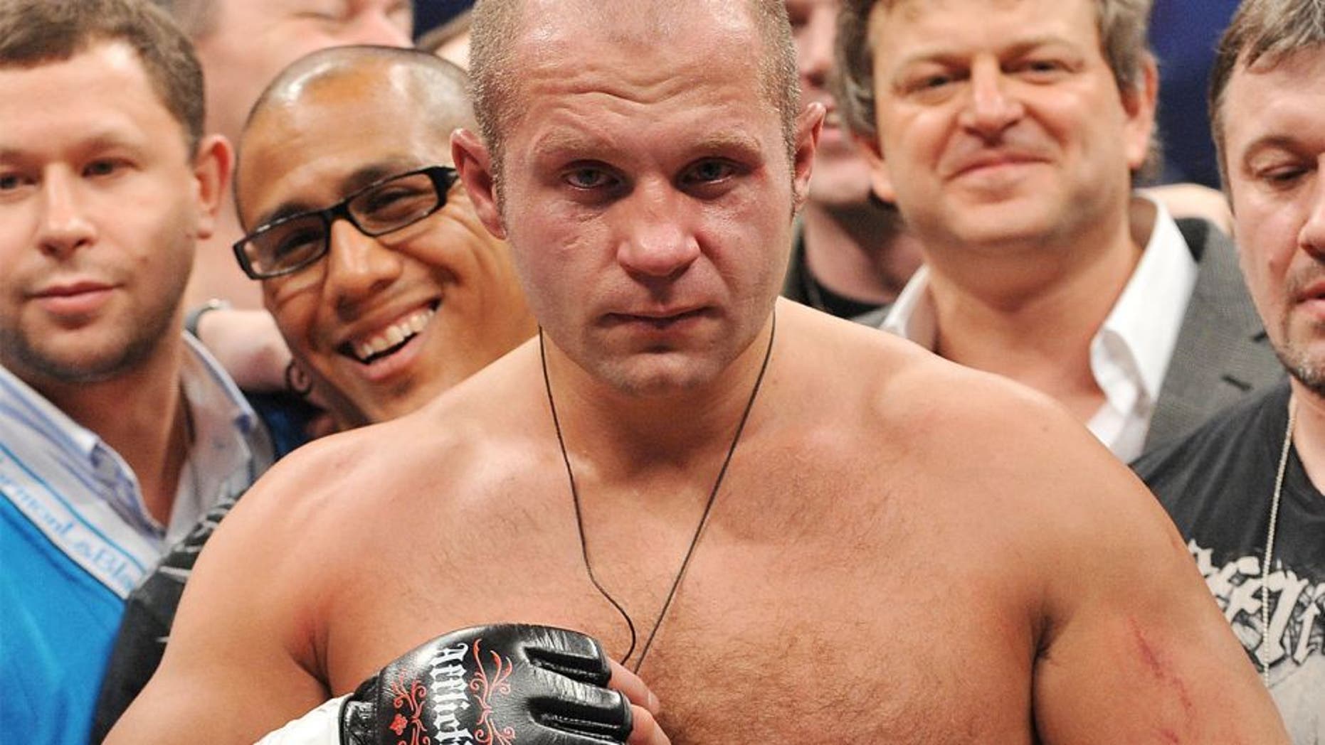 ANAHEIM, CA - JANUARY 24: Affliction Fedor Emelianenko celebrates after defeating Andrei Arlovski in the first round during their Heavyweight bout at "Affliction M-1 Global Day of Reckoning" at the Honda Center on January 24, 2009 in Anaheim, California. (Photo by Jon Kopaloff/Getty Images) *** Local Caption *** Fedor Emelianenko