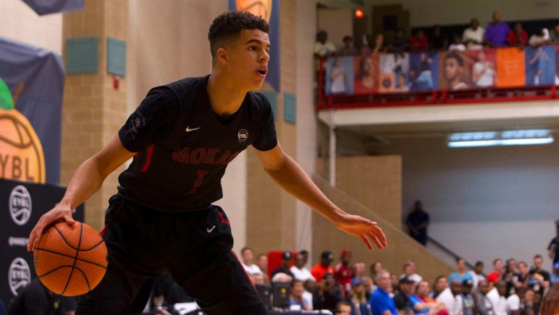 Jul 10, 2016; North Augusta, SC, USA; Mokan Elite player Michael Porter Jr. (1) looks to pass the ball during the first half of the Nike Peach Jam Finals against the PSA Cardinals at the Riverview Park Activity Center. Mokan won 93-65. Mandatory Credit: Joshua S. Kelly-USA TODAY Sports