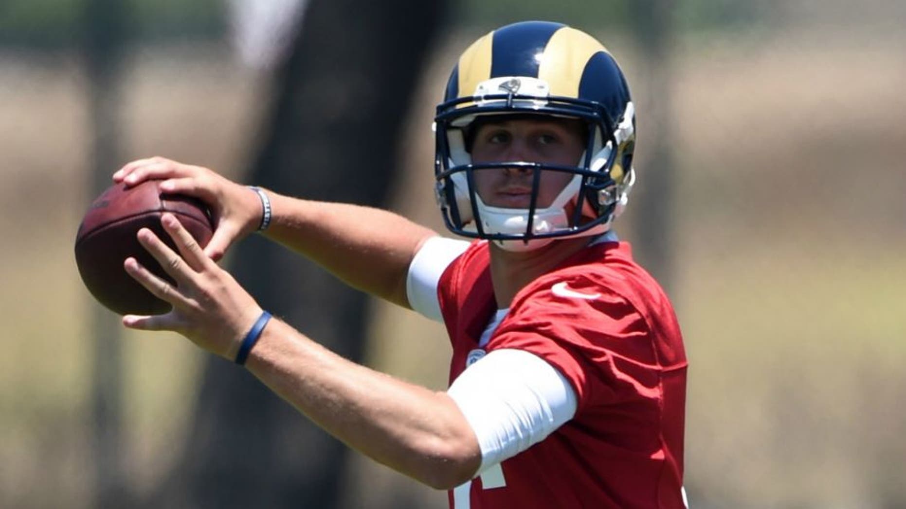 Jun 16, 2016; Oxnard, CA, USA; Los Angeles Rams quarterback Jared Goff (16) throws a pass at organized team activities at the River Ridge Fields. Mandatory Credit: Kirby Lee-USA TODAY Sports