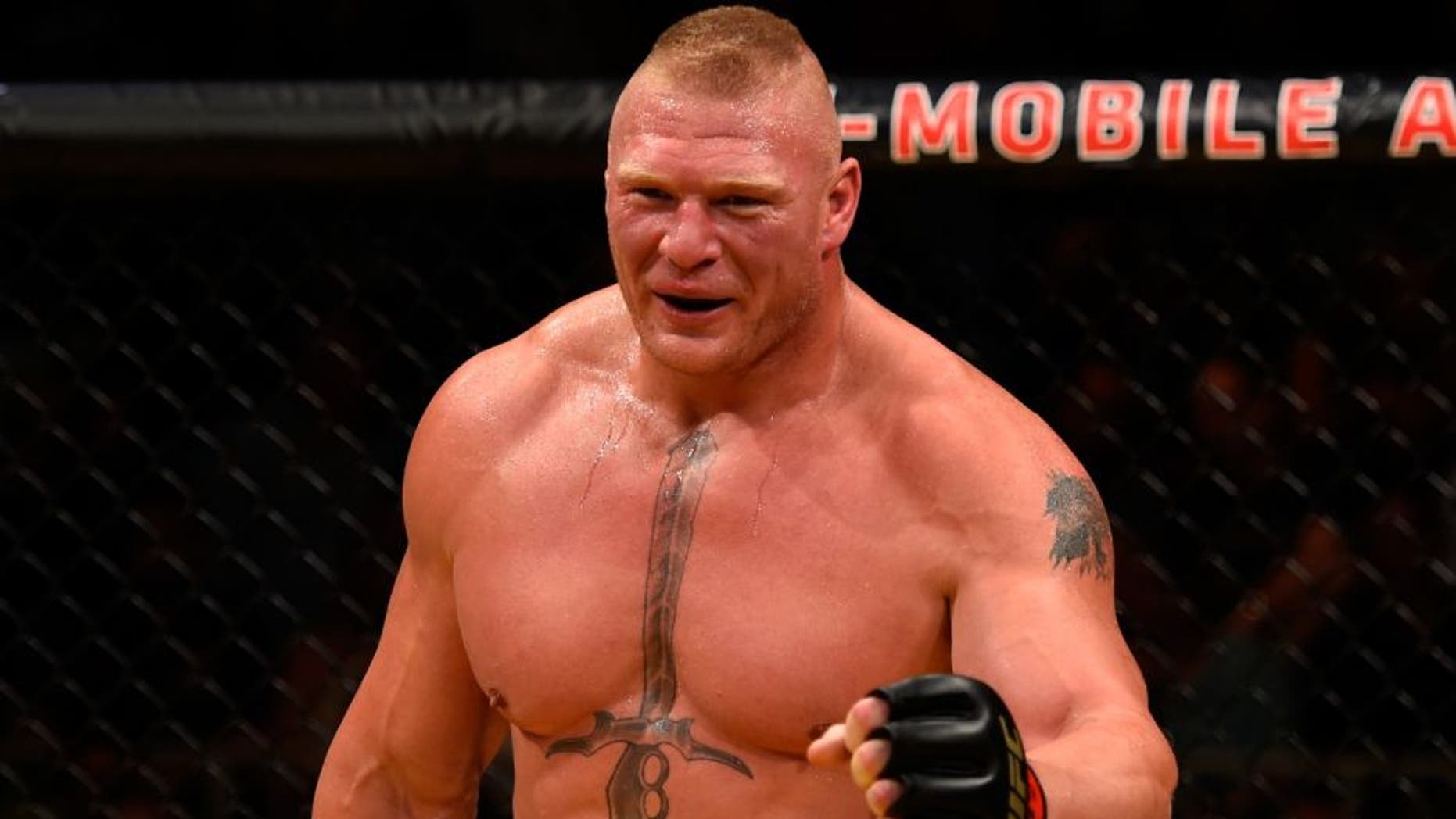 LAS VEGAS, NV - JULY 09: Brock Lesnar prepares for round two against Mark Hunt of New Zealand in their heavyweight bout during the UFC 200 event on July 9, 2016 at T-Mobile Arena in Las Vegas, Nevada. (Photo by Josh Hedges/Zuffa LLC/Zuffa LLC via Getty Images)