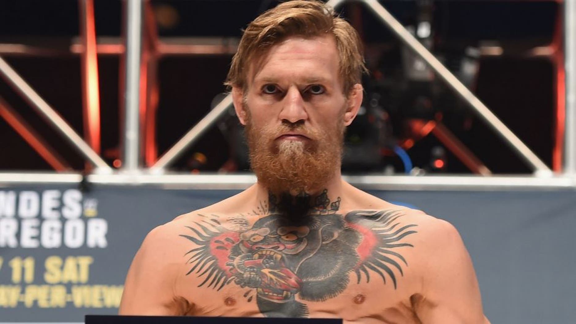 LAS VEGAS, NV - JULY 10: Conor McGregor steps onto the scale during the UFC 189 weigh-in inside MGM Grand Garden Arena on July 10, 2015 in Las Vegas, Nevada. (Photo by Josh Hedges/Zuffa LLC/Zuffa LLC via Getty Images)
