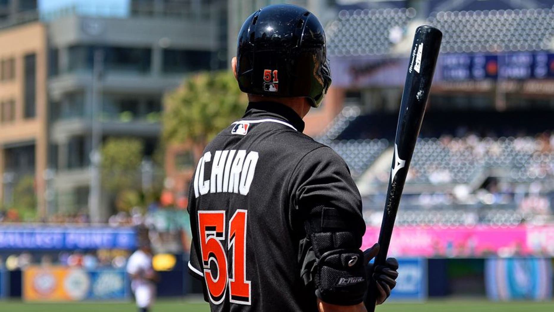 Jun 15, 2016; San Diego, CA, USA; Miami Marlins center fielder Ichiro Suzuki (51) on deck during the seventh inning against the San Diego Padres at Petco Park. Mandatory Credit: Jake Roth-USA TODAY Sports