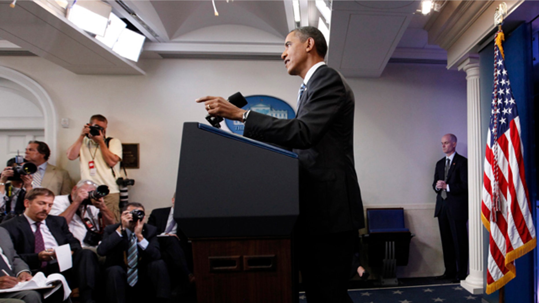 July 15: President Barack Obama talks about the ongoing budget negotiations during a news conference in the briefing room of the White House in Washington.