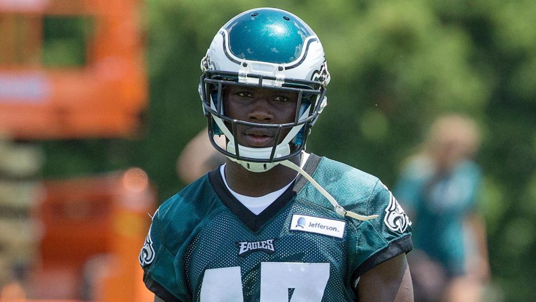 Jun 17, 2015; Philadelphia, PA, USA; Philadelphia Eagles wide receiver Nelson Agholor (17) during minicamp at The NovaCare Complex. Mandatory Credit: Bill Streicher-USA TODAY Sports