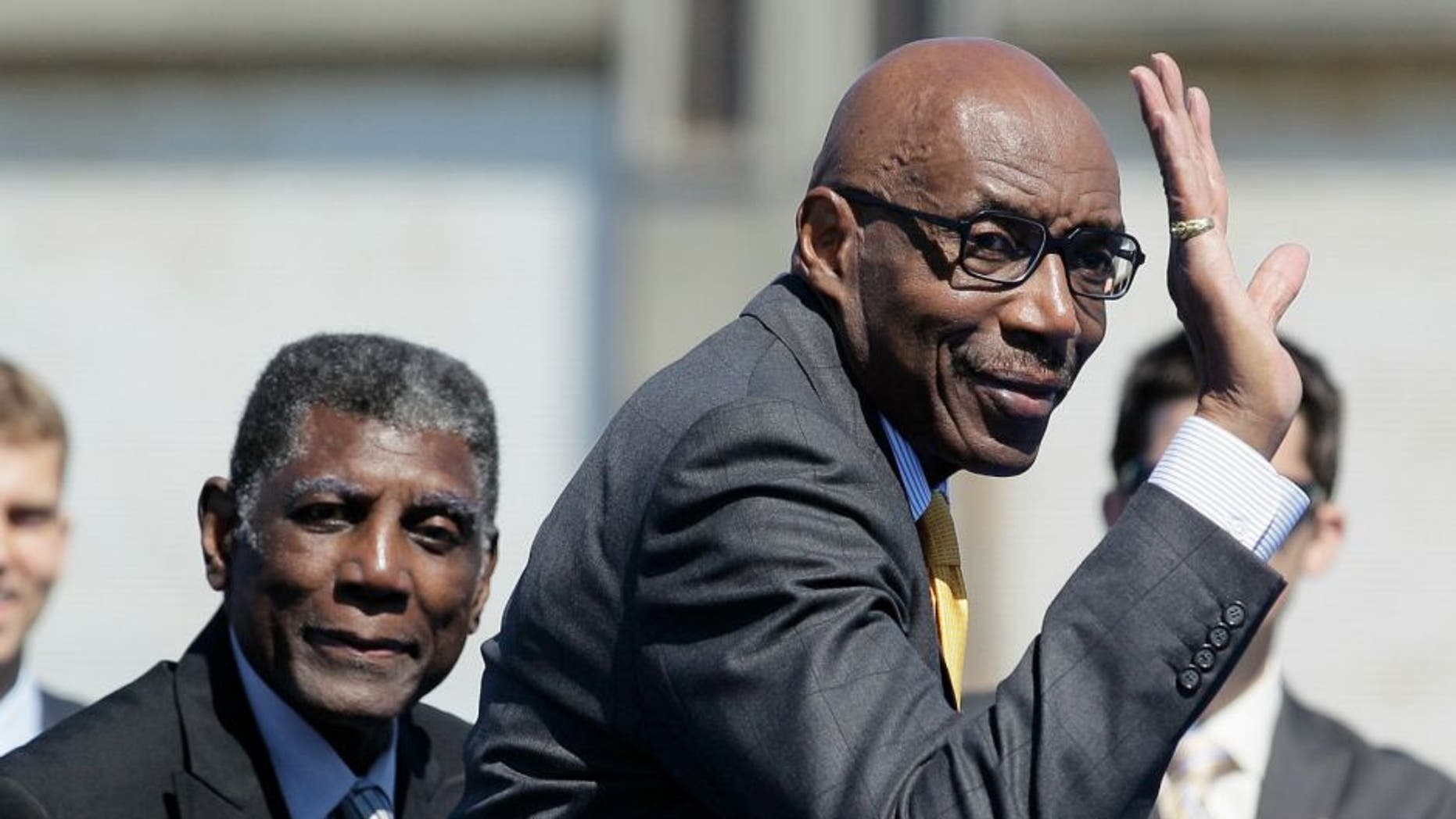 FILE - In this May 22, 2012, file photo, Golden State Warriors great Nate Thurmond waves during an announcement in San Francisco, that the NBA basketball team wants to return to San Francisco. Thurmond, a Hall of Fame center and longtime Golden State Warrior, died Saturday, July 16, 2016, after a short battle with leukemia, the team announced. He was 74. (AP Photo/Eric Risberg, File)