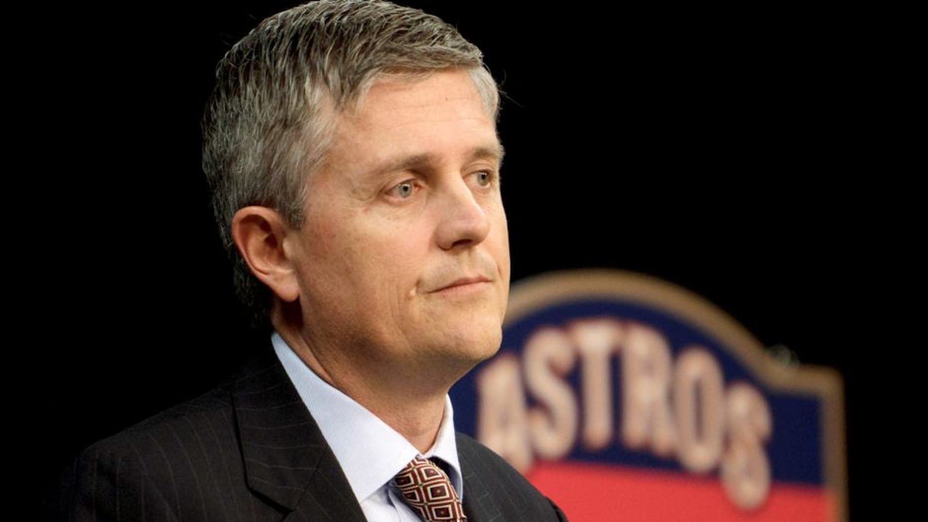 HOUSTON, TX - DECEMBER 08: Jeff Luhnow answers questions from the media as the newly-hired Houston Astros general manager during a press conference at Minute Maid Park on December 8, 2011 in Houston, Texas. Luhnow was vice president with the St. Louis Cardinals before joining the Astros. (Photo by Bob Levey/Getty Images)