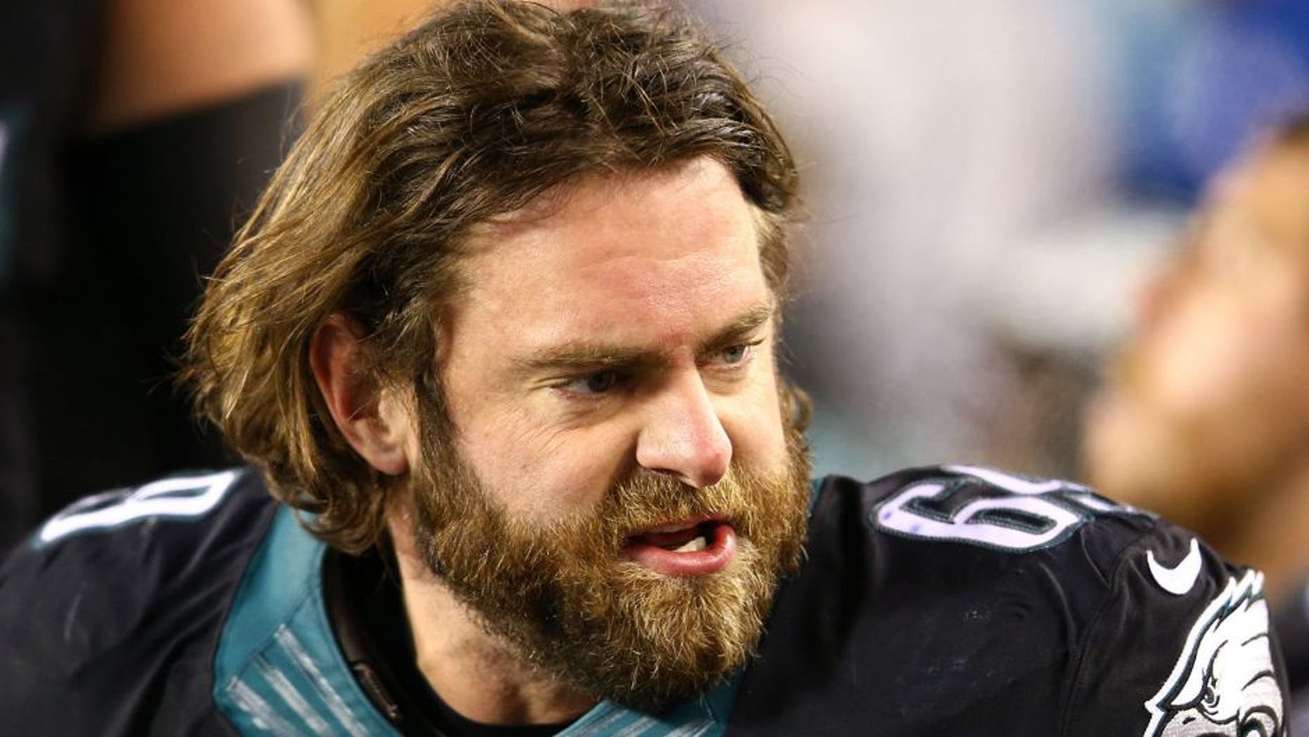 Dec 7, 2014; Philadelphia, PA, USA; Philadelphia Eagles guard Evan Mathis (69) on the sidelines against the Seattle Seahawks during the second half at Lincoln Financial Field. Mandatory Credit: Jeffrey G. Pittenger-USA TODAY Sports