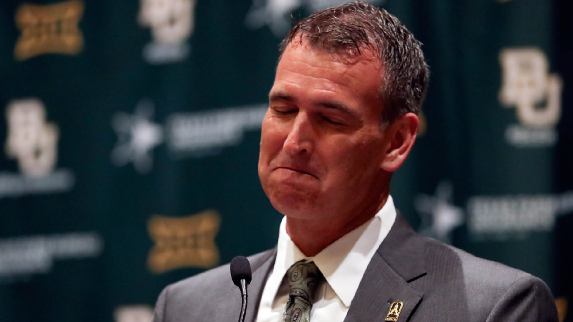 Jul 18, 2016; Dallas, TX, USA; Baylor Bears new athletic director Mack Rhoades reacts at a press conference during the Big 12 Media Days at Omni Dallas Hotel. Mandatory Credit: Kevin Jairaj-USA TODAY Sports