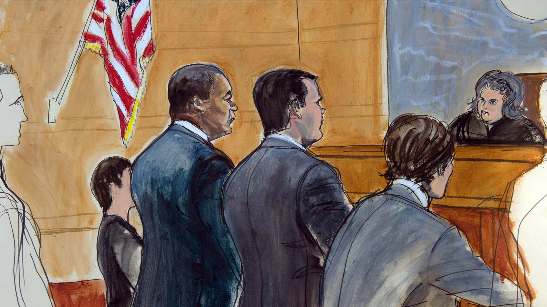 July 18, 2015: In this courtroom drawing, former FIFA official Jeffrey Webb, left, appears before United States Magistrate Judge Vera M. Scanlon, right, for arraignment on racketeering and bribery charges.