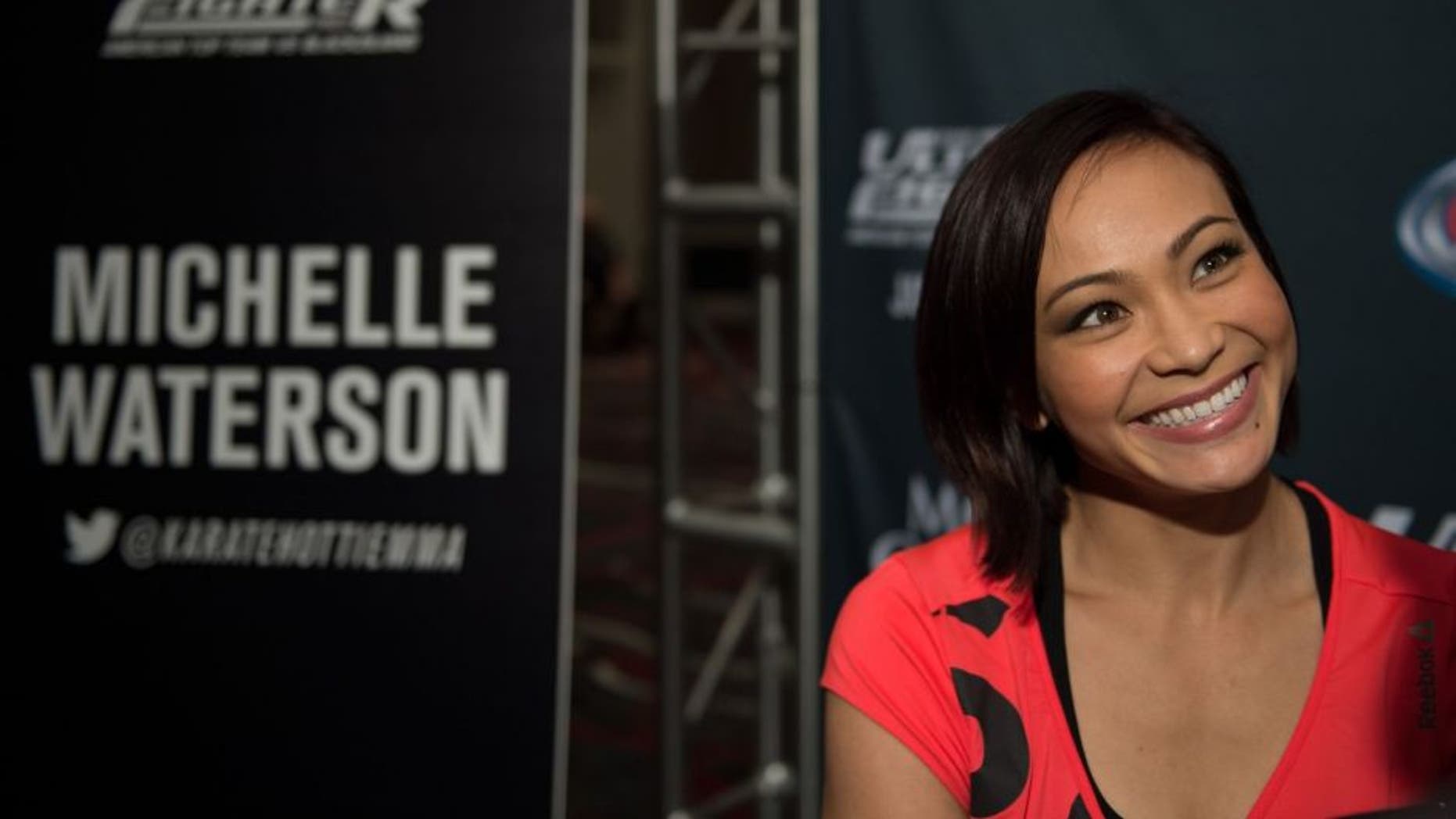 LAS VEGAS, NEVADA - JULY 9: Michelle Waterson speaks to the media during the UFC 189 & TUF Finale Ultimate Media Day at MGM Grand Hotel & Casino on July 9, 2015 in Las Vegas Nevada. (Photo by Brandon Magnus/Zuffa LLC/Zuffa LLC via Getty Images)