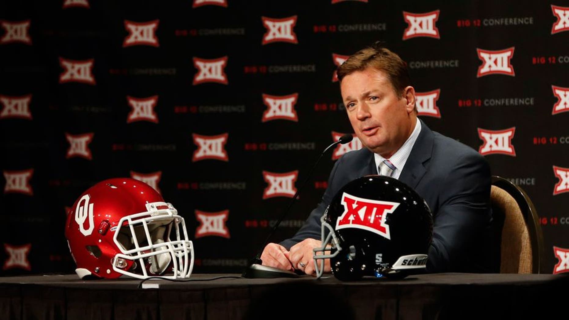 Jul 22, 2014; Dallas, TX, USA; Oklahoma Sooners head coach Bob Stoops speaks to the media during the Big 12 Media Day at the Omni Dallas. Mandatory Credit: Kevin Jairaj-USA TODAY Sports