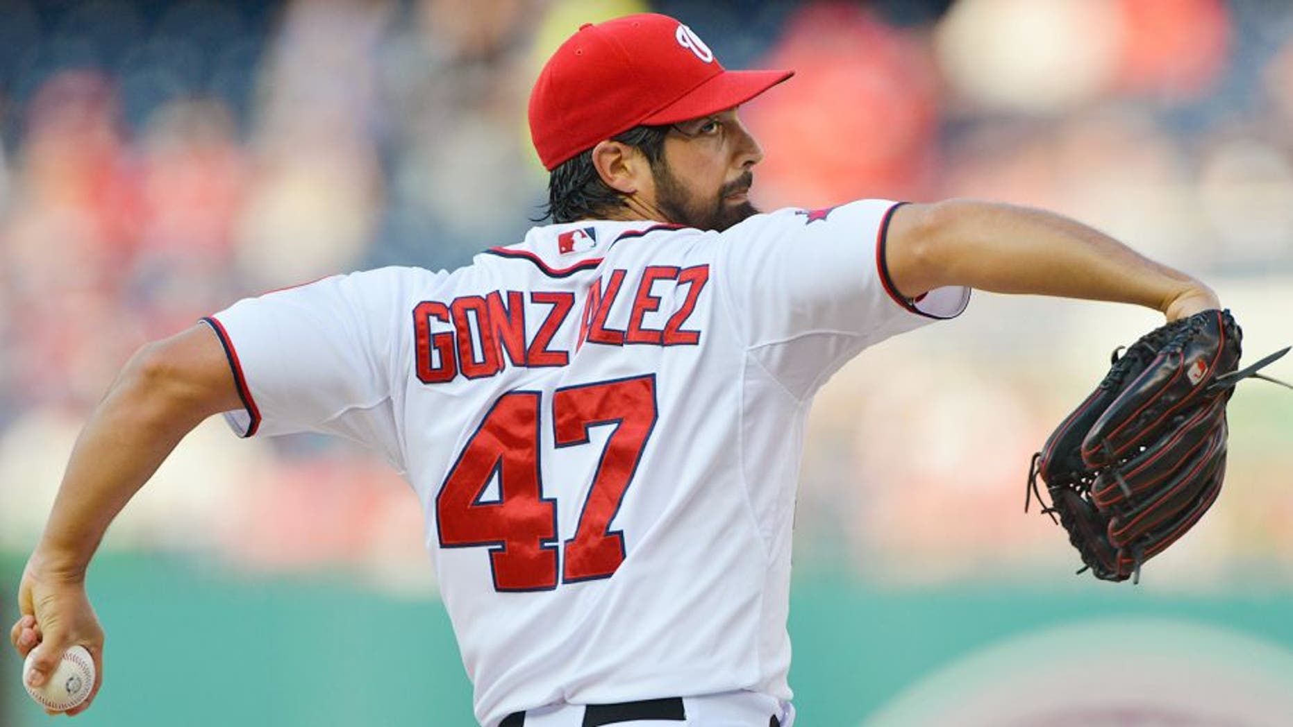 Jul 20, 2015; Washington, DC, USA; Washington Nationals starting pitcher Gio Gonzalez (47) pitches during the first inning against the New York Mets at Nationals Park. Mandatory Credit: Tommy Gilligan-USA TODAY Sports