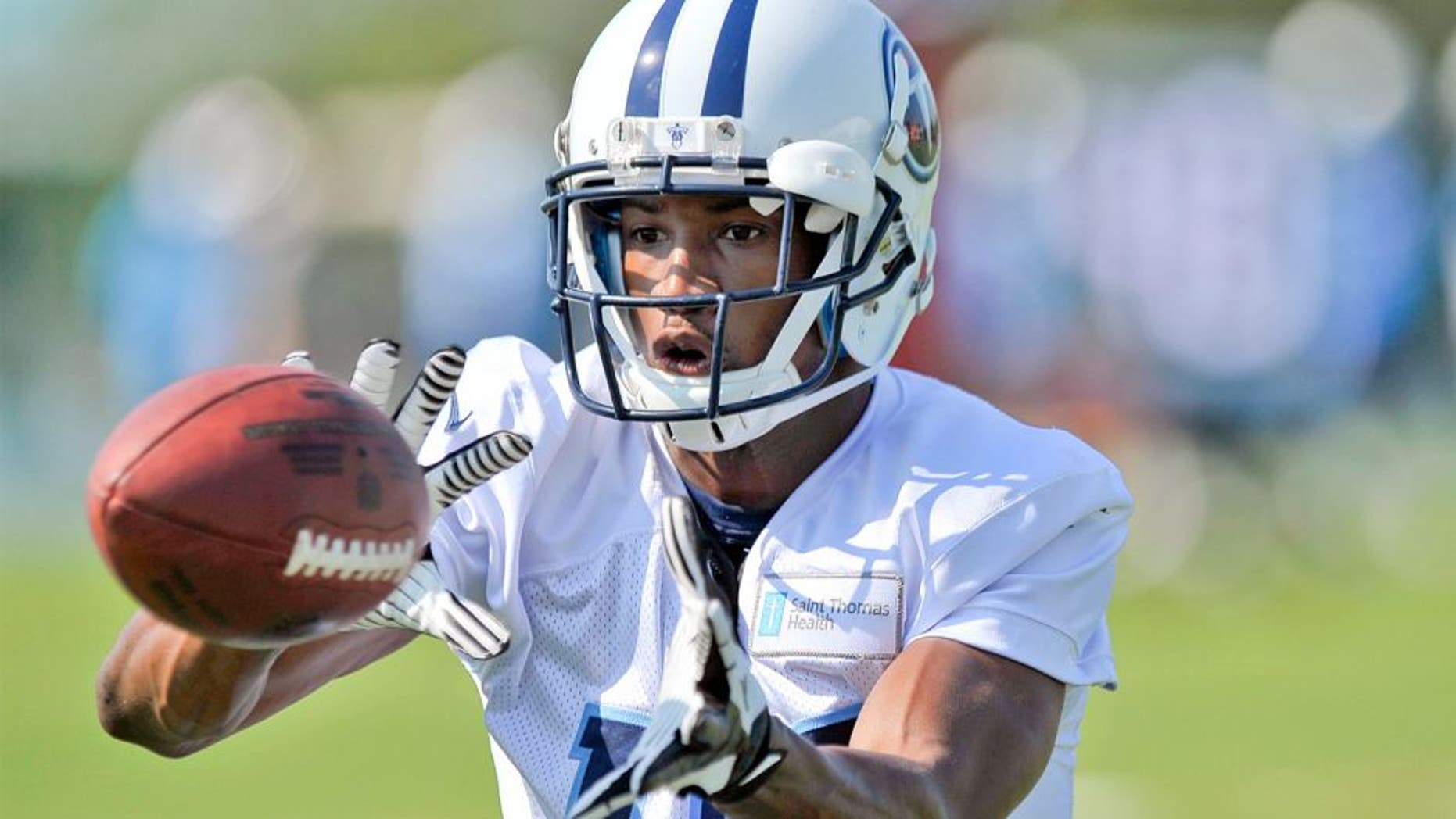 Jul 26, 2014; Nashville, TN, USA; Tennessee Titans wide receiver Justin Hunter (15) catches a pass during training camp at Saint Thomas Sports Park. Mandatory Credit: Jim Brown-USA TODAY Sports