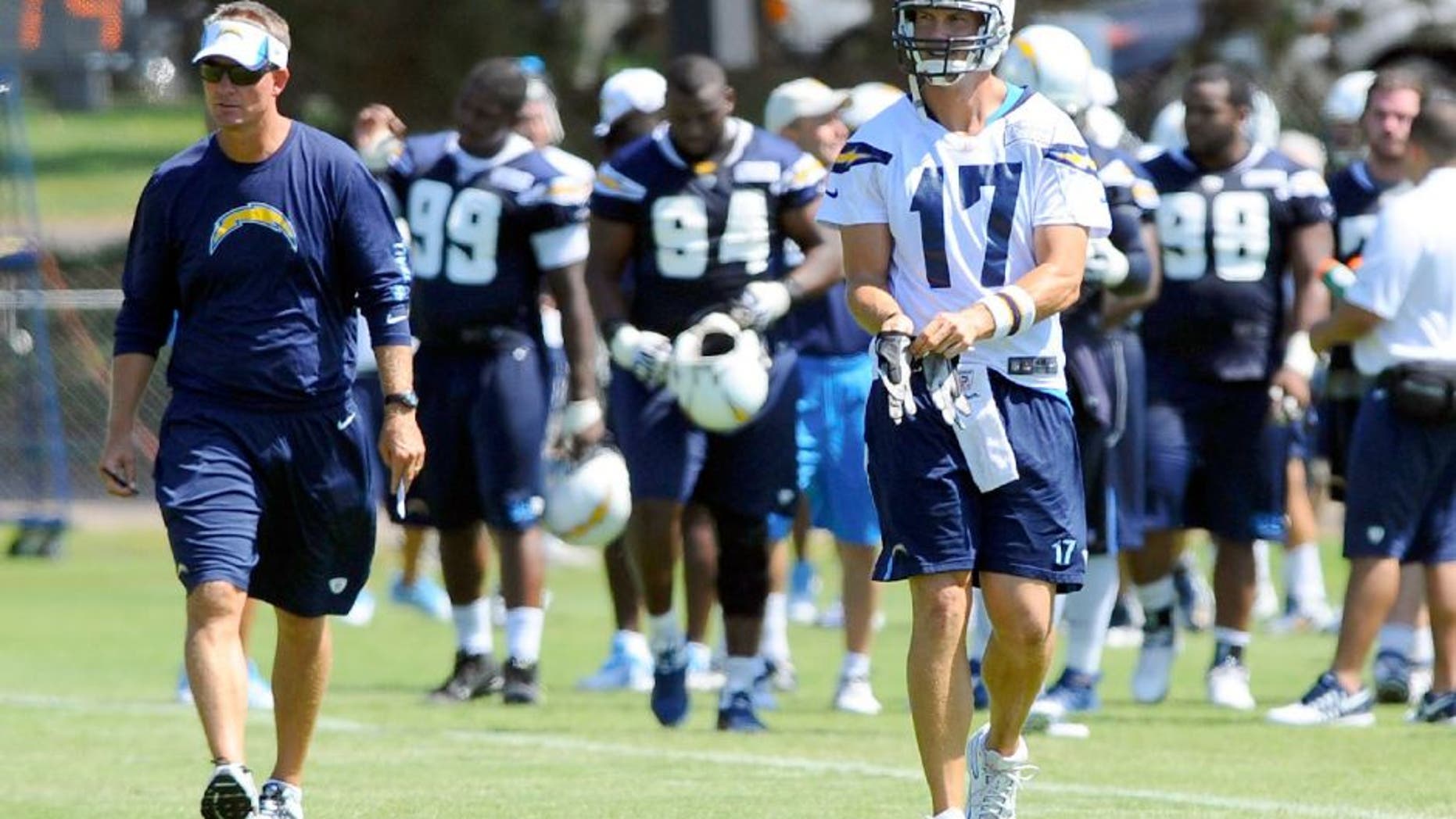 Jul 25, 2013; San Diego, CA, USA; San Diego Chargers head coach Mike McCoy and quarterback Philip Rivers (17) walk on the field before drills at training camp at Chargers Park. Mandatory Credit: Christopher Hanewinckel-USA TODAY Sports