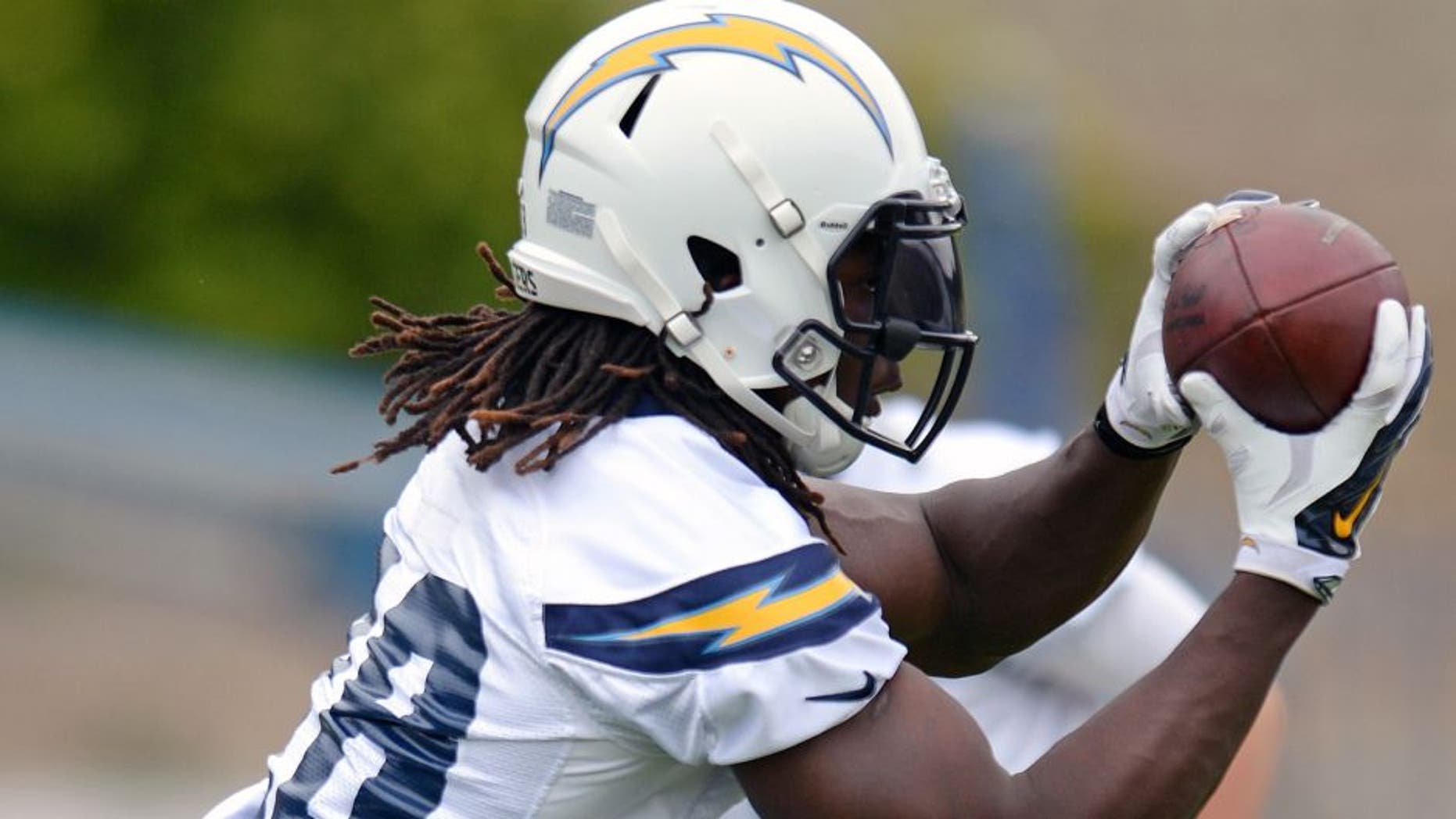 May 26, 2015; San Diego, CA, USA; San Diego Chargers running back Melvin Gordon catches a pitch during organized team activities at Charger Park. Mandatory Credit: Jake Roth-USA TODAY Sports