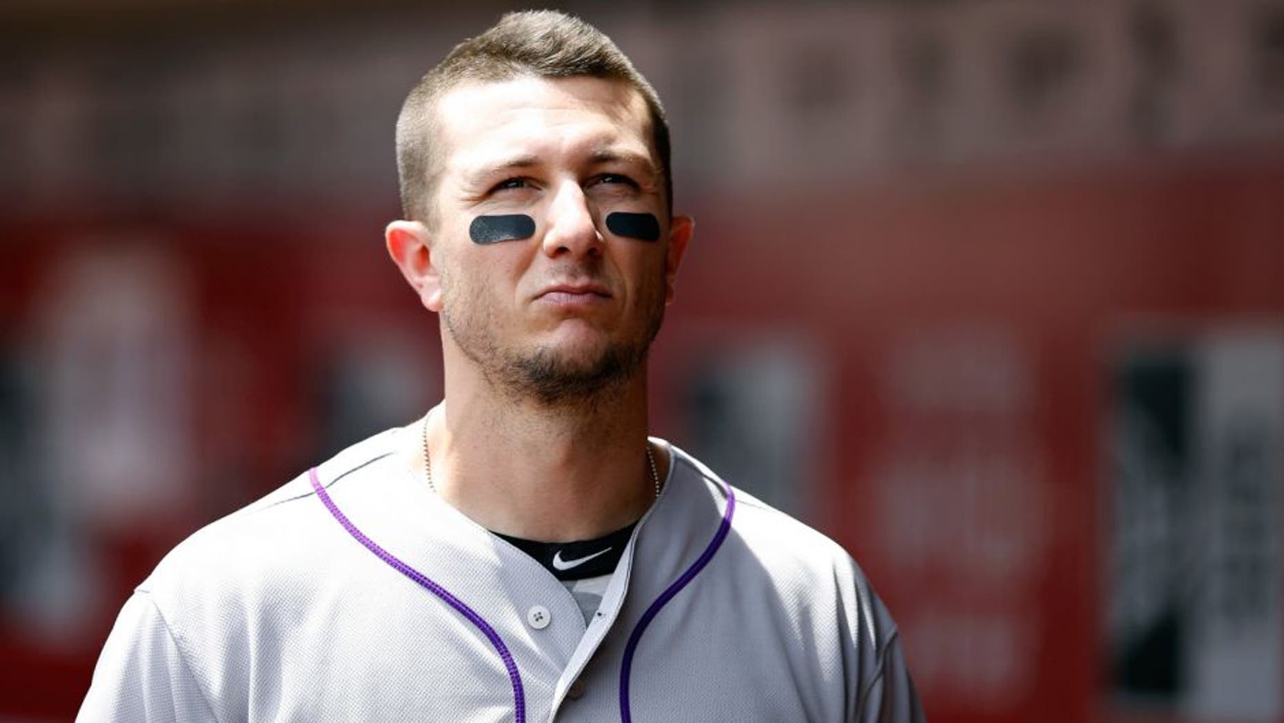 CINCINNATI, OH - MAY 27: Troy Tulowitzki #2 of the Colorado Rockies looks on against the Cincinnati Reds during the game at Great American Ball Park on May 27, 2015 in Cincinnati, Ohio. The Rockies defeated the Reds 6-4. (Photo by Joe Robbins/Getty Images)