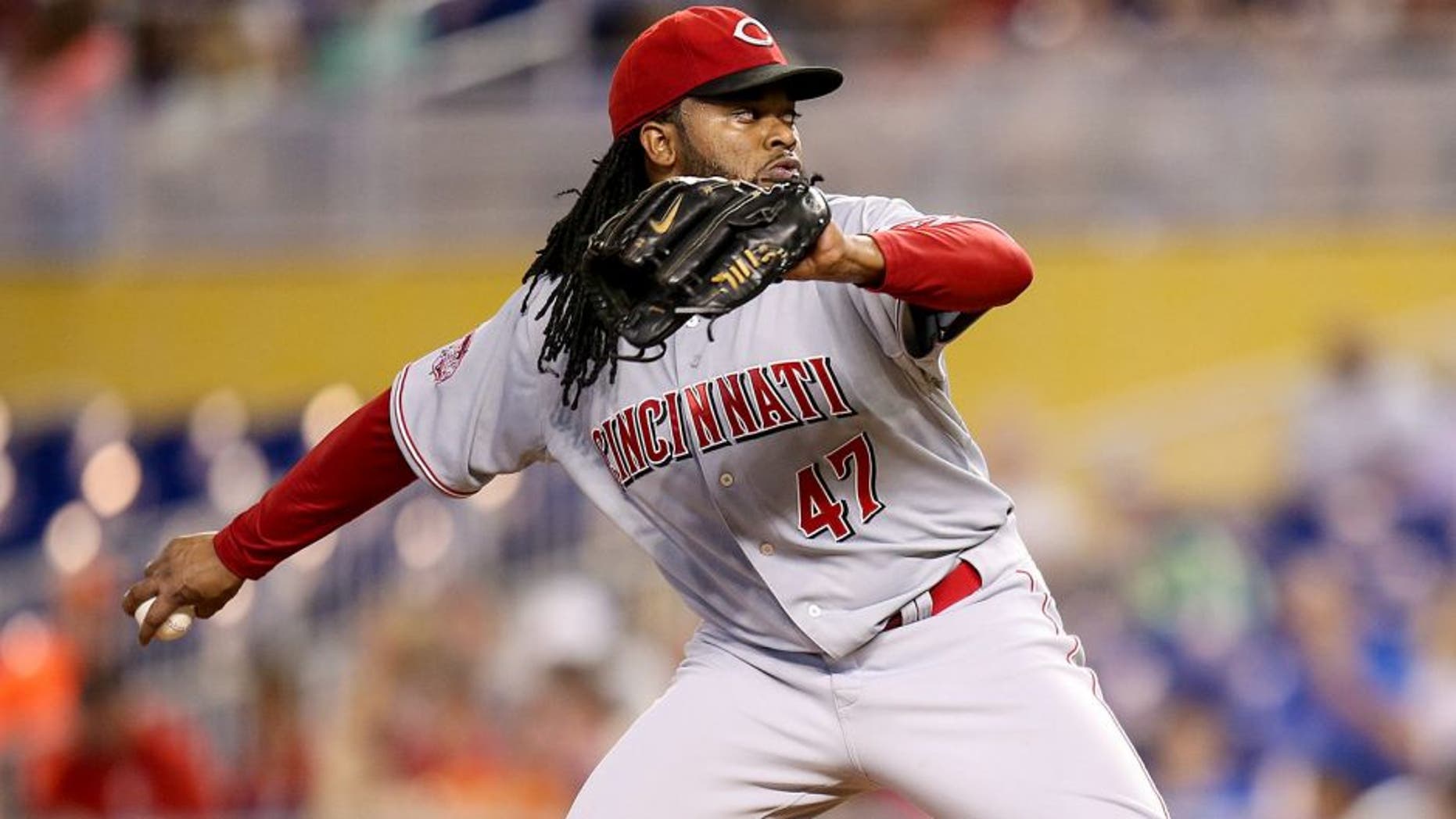MIAMI, FL - JULY 12: Johnny Cueto #47 of the Cincinnati Reds pitches during the first inning of the game against the Miami Marlins at Marlins Park on July 12, 2015 in Miami, Florida. (Photo by Rob Foldy/Getty Images)