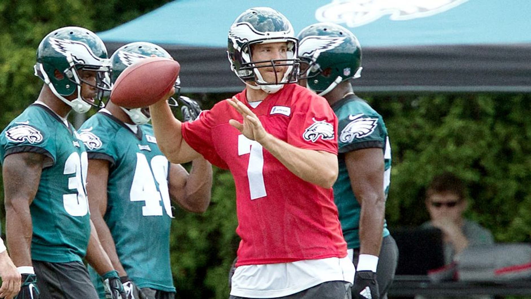Jun 17, 2015; Philadelphia, PA, USA; Philadelphia Eagles quarterback Sam Bradford (7) throws during minicamp at The NovaCare Complex. Mandatory Credit: Bill Streicher-USA TODAY Sports
