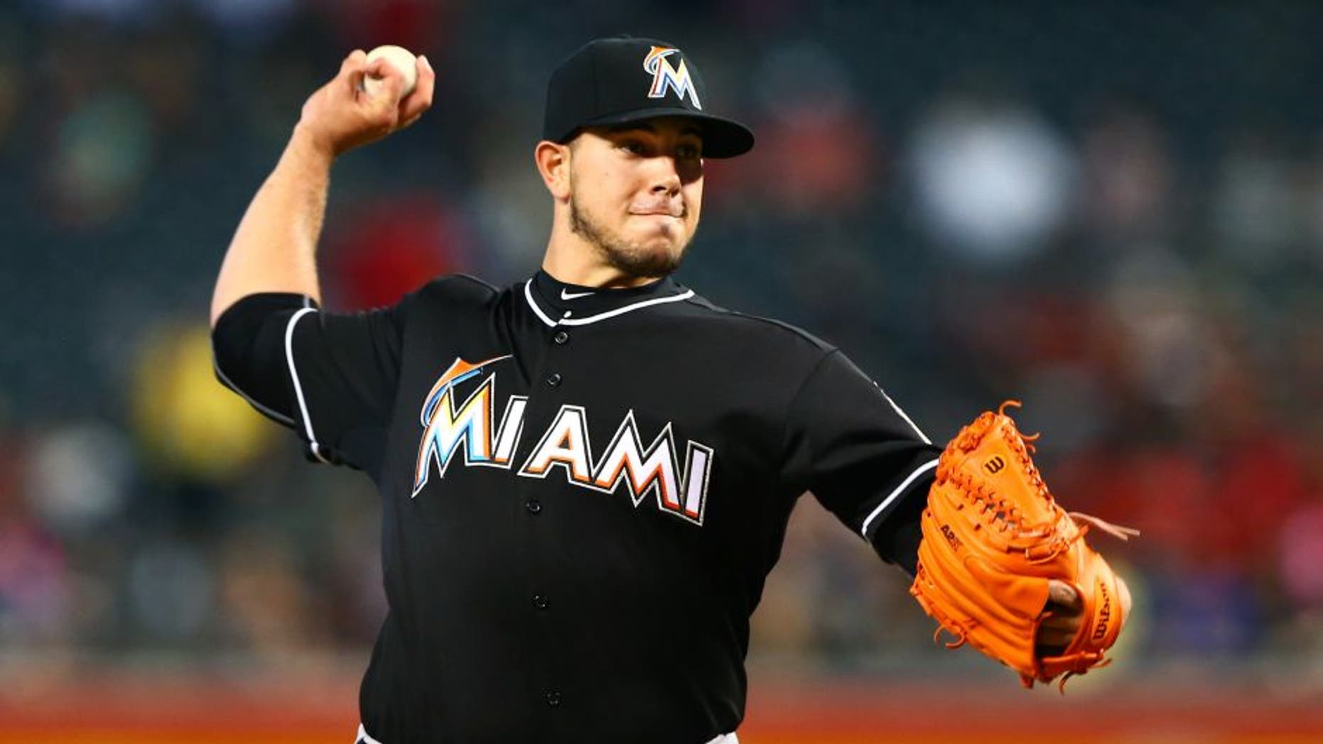 Jul 22, 2015; Phoenix, AZ, USA; Miami Marlins pitcher Jose Fernandez throws in the first inning against the Arizona Diamondbacks at Chase Field. Mandatory Credit: Mark J. Rebilas-USA TODAY Sports