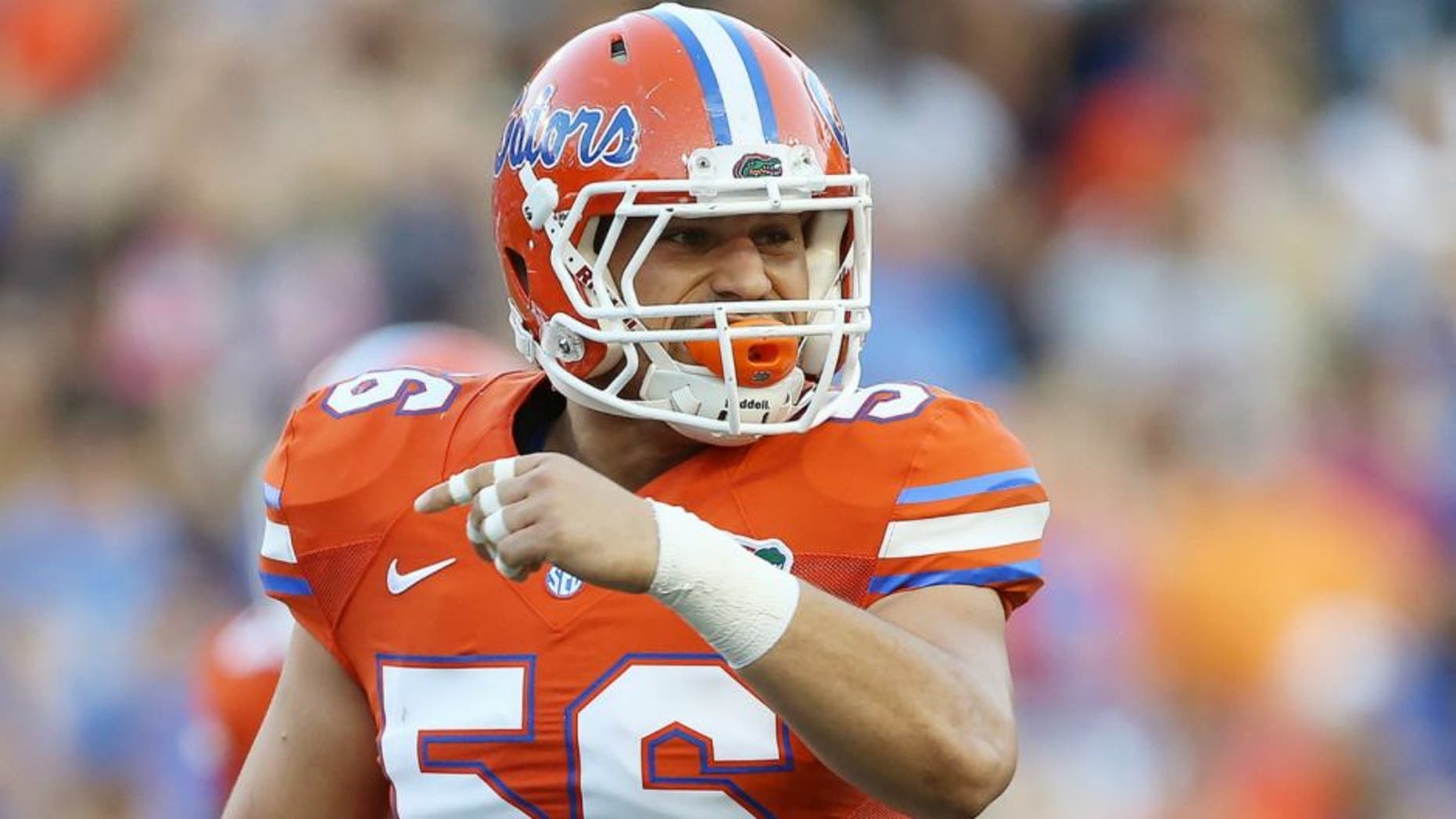 Apr 8, 2016; Gainesville, FL, USA; Florida Gators linebacker Christian Garcia (56) calls out a play in the first quarter during the Orange and Blue game at Ben Hill Griffin Stadium. Blue won 38-6. Mandatory Credit: Logan Bowles-USA TODAY Sports