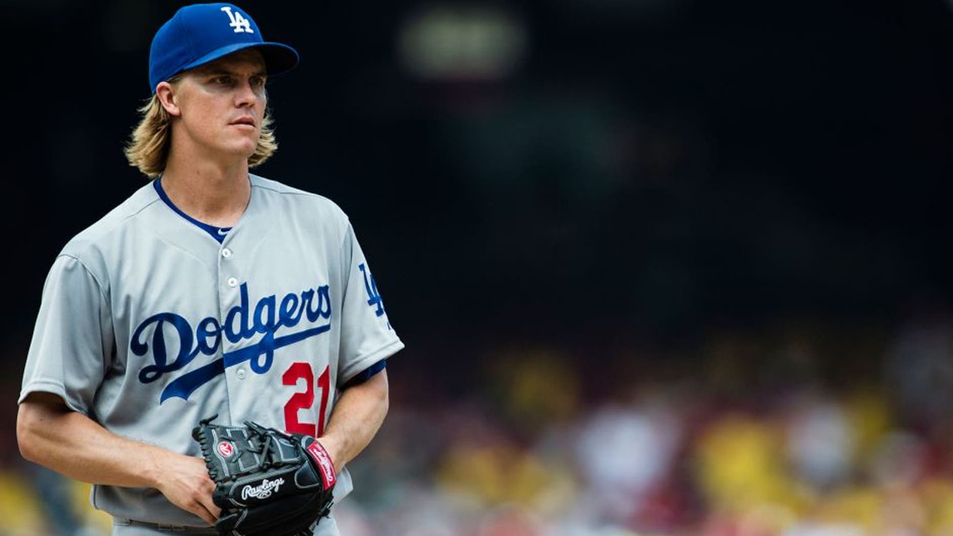 WASHINGTON, DC - JULY 19: Starting pitcher Zack Greinke #21 of the Los Angeles Dodgers prepares to throw a pitch to a Washington Nationals batter in the fourth inning of a baseball game at Nationals Park on July 19, 2015 in Washington, DC. (Photo by Patrick McDermott/Washington Nationals/Getty Images)