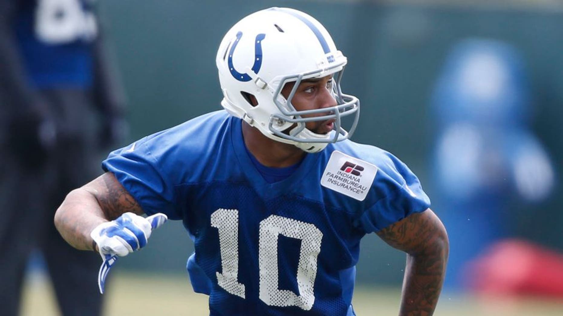 Jun 9, 2015; Indianapolis, IN, USA; Indianapolis Colts wide receiver Donte Moncrief (10) runs passing routes during minicamp at the Indiana Farm Bureau Football Center. Mandatory Credit: Brian Spurlock-USA TODAY Sports