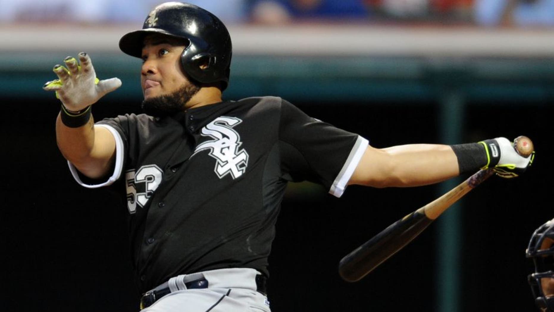 Jul 23, 2015; Cleveland, OH, USA; Chicago White Sox left fielder Melky Cabrera (53) hits a two-run home run during the seventh inning against the Cleveland Indians at Progressive Field. Mandatory Credit: