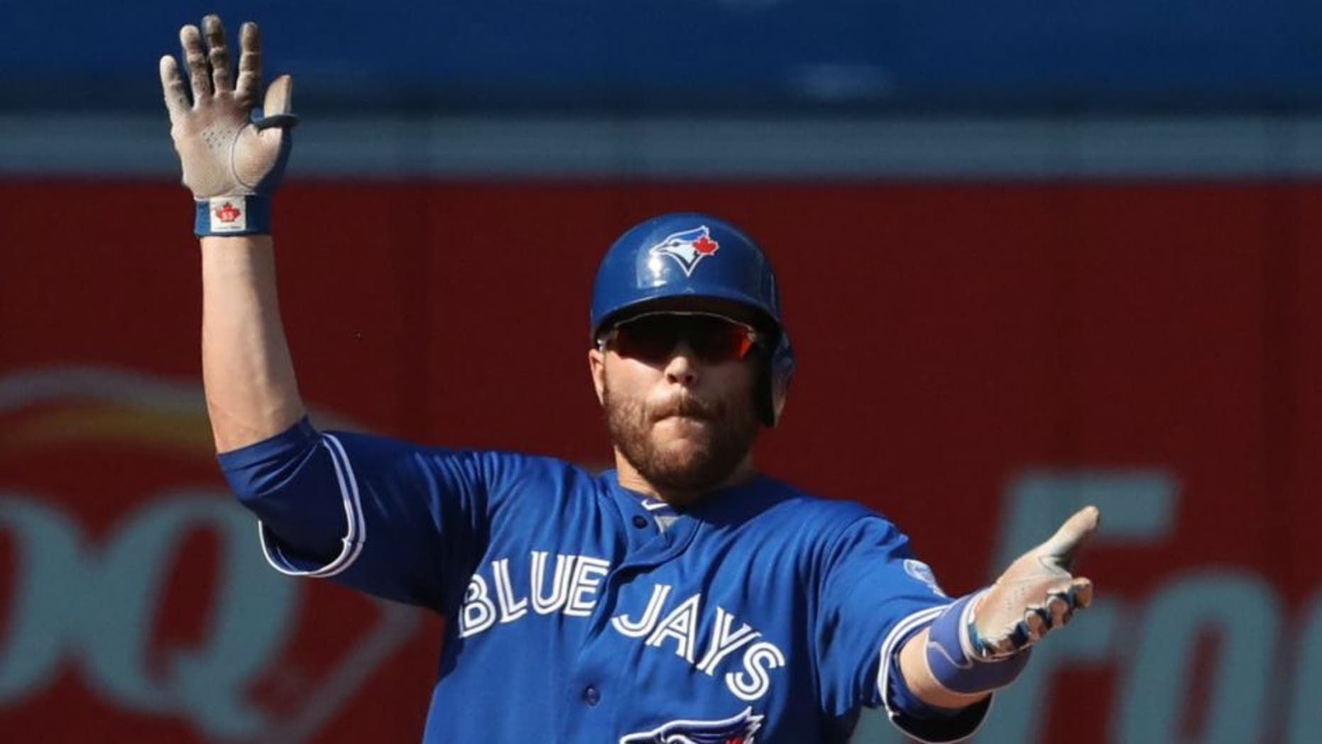 TORONTO, CANADA - MAY 28: Russell Martin #55 of the Toronto Blue Jays celebrates his RBI double to tie the game in the ninth inning during MLB game action against the Boston Red Sox on May 28, 2016 at Rogers Centre in Toronto, Ontario, Canada. (Photo by Tom Szczerbowski/Getty Images) *** Local Caption *** Russell Martin,TORONTO, CANADA - MAY 28: Russell Martin #55 of the Toronto Blue Jays celebrates his RBI double to tie the game in the ninth inning during MLB game action against the Boston Red Sox on May 28, 2016 at Rogers Centre in Toronto, Ontario, Canada. (Photo by Tom Szczerbowski/Getty Images)