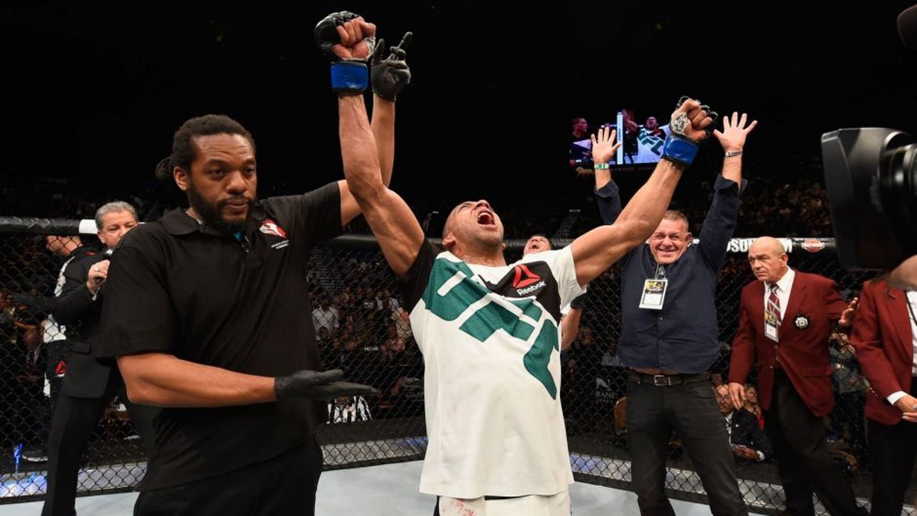 LAS VEGAS, NV - APRIL 23: Edson Barboza celebrates his victory over Anthony Pettis in their lightweight bout during the UFC 197 event inside MGM Grand Garden Arena on April 23, 2016 in Las Vegas, Nevada. (Photo by Josh Hedges/Zuffa LLC/Zuffa LLC via Getty Images)