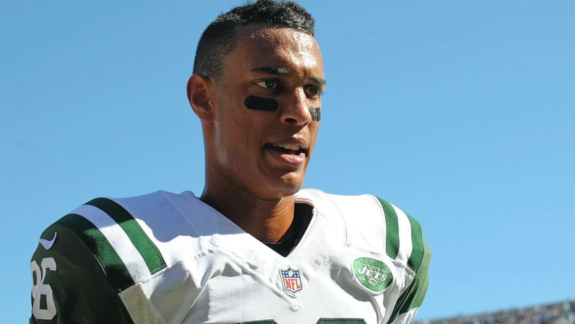 Oct 5, 2014; San Diego, CA, USA; New York Jets wide receiver David Nelson (86) runs to the locker room after the first half against the San Diego Chargers at Qualcomm Stadium. Mandatory Credit: Jake Roth-USA TODAY Sports