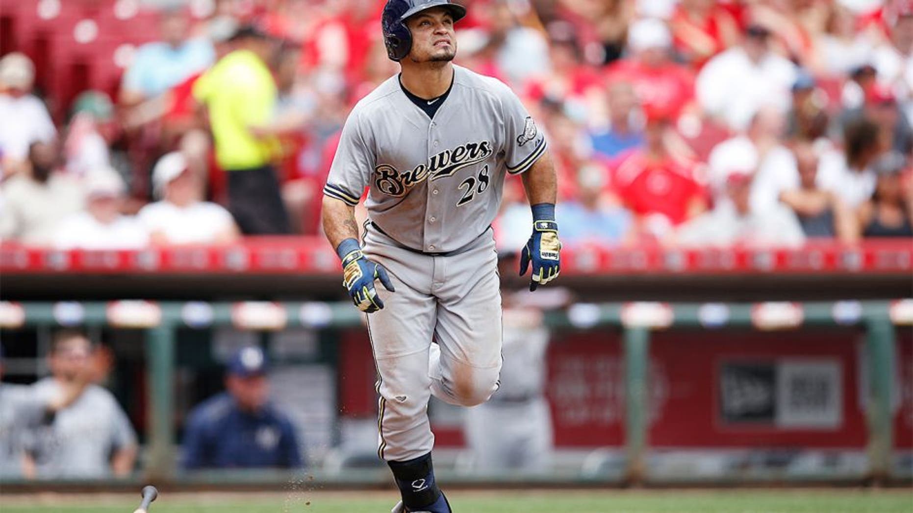 CINCINNATI, OH - JULY 5: Gerardo Parra #28 of the Milwaukee Brewers watches his solo home run in the seventh inning against the Cincinnati Reds at Great American Ball Park on July 5, 2015 in Cincinnati, Ohio. The Brewers defeated the Reds 6-1. (Photo by Joe Robbins/Getty Images)