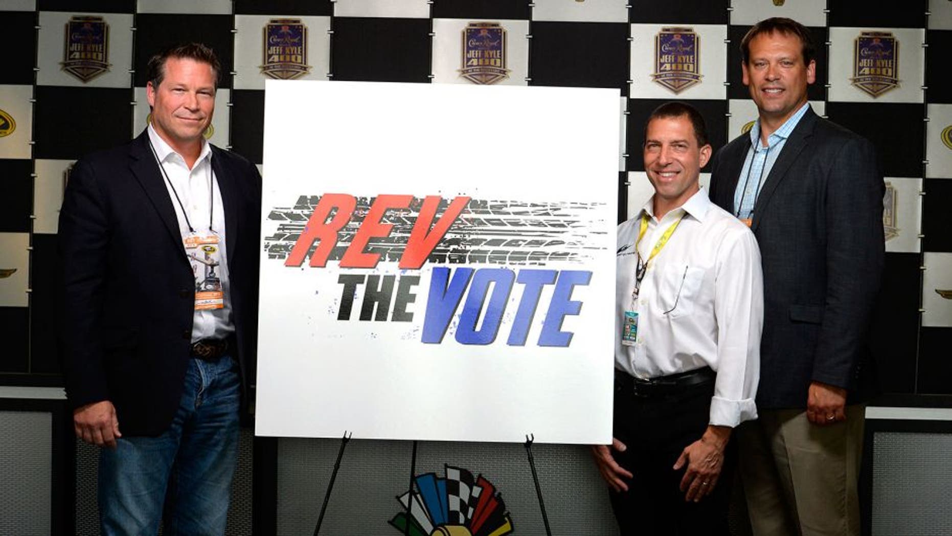 INDIANAPOLIS, IN - JULY 24: (L-R)Connie Mack, Rob Kauffman, and Heath Shuler pose for a photo opportunity prior to practice for the NASCAR Sprint Cup Series Crown Royal Presents the Jeff Kyle 400 at the Brickyard at Indianapolis Motorspeedway on July 24, 2015 in Indianapolis, Indiana. (Photo by Robert Laberge/Getty Images)