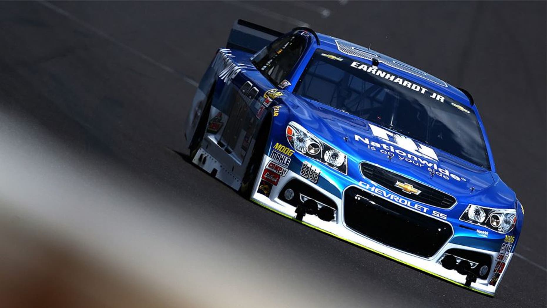 INDIANAPOLIS, IN - JULY 24: Dale Earnhardt Jr., driver of the #88 Nationwide Chevrolet, practices for the NASCAR Sprint Cup Series Crown Royal Presents the Jeff Kyle 400 at the Brickyard at Indianapolis Motorspeedway on July 24, 2015 in Indianapolis, Indiana. (Photo by Sarah Crabill/NASCAR via Getty Images)