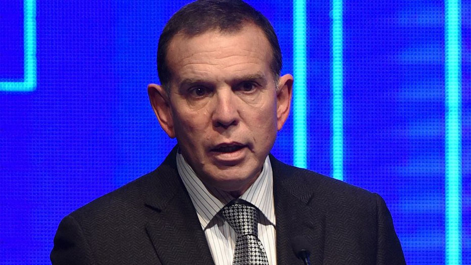 The president of the South American Football Confederation (Conmebol), Juan Angel Napout, delivers a speech during the draw ceremony of the Copa Sudamericana championship, in Luque, Paraguay, on July 16, 2015. AFP PHOTO / NORBERTO DUARTE (Photo credit should read NORBERTO DUARTE/AFP/Getty Images)