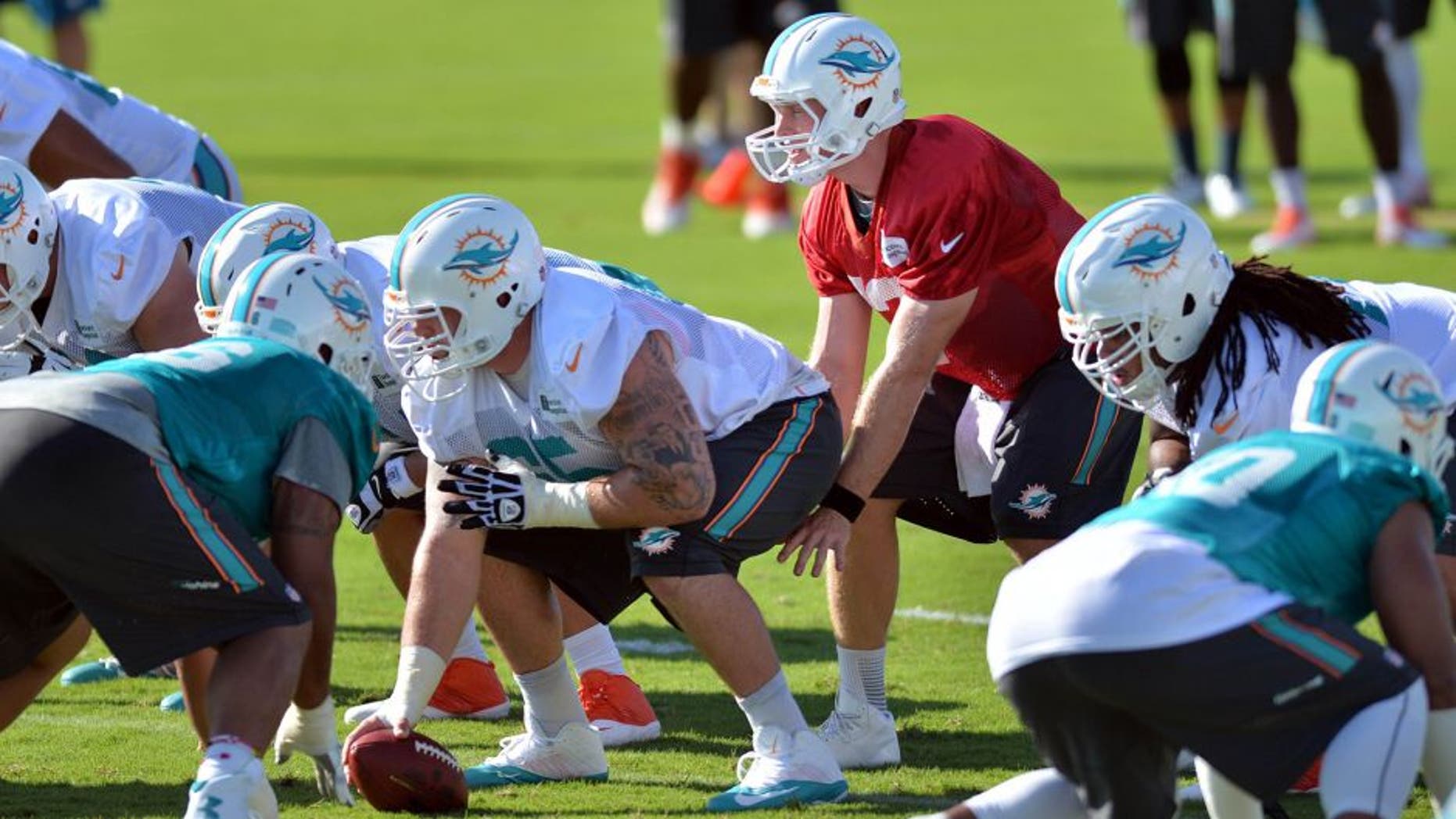 Jul 25, 2014; Davie, FL, USA; Miami Dolphins quarterback Ryan Tannehill (17) takes a snap from center Sam Brenner (65) during practice at Miami Dolphins Training Facility. Mandatory Credit: Steve Mitchell-USA TODAY Sports
