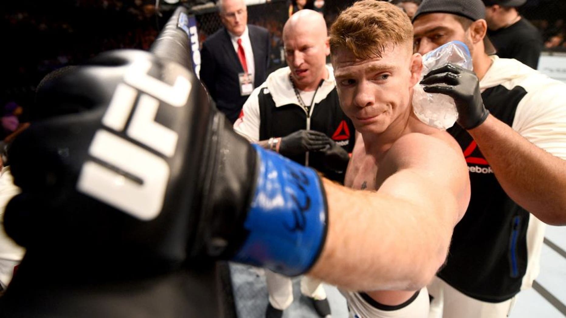 CHICAGO, IL - JULY 25: Paul Felder rests in his corner between rounds of his lightweight bout against Edson Barboza of Brazil during the UFC event at the United Center on July 25, 2015 in Chicago, Illinois. (Photo by Jeff Bottari/Zuffa LLC/Zuffa LLC via Getty Images)