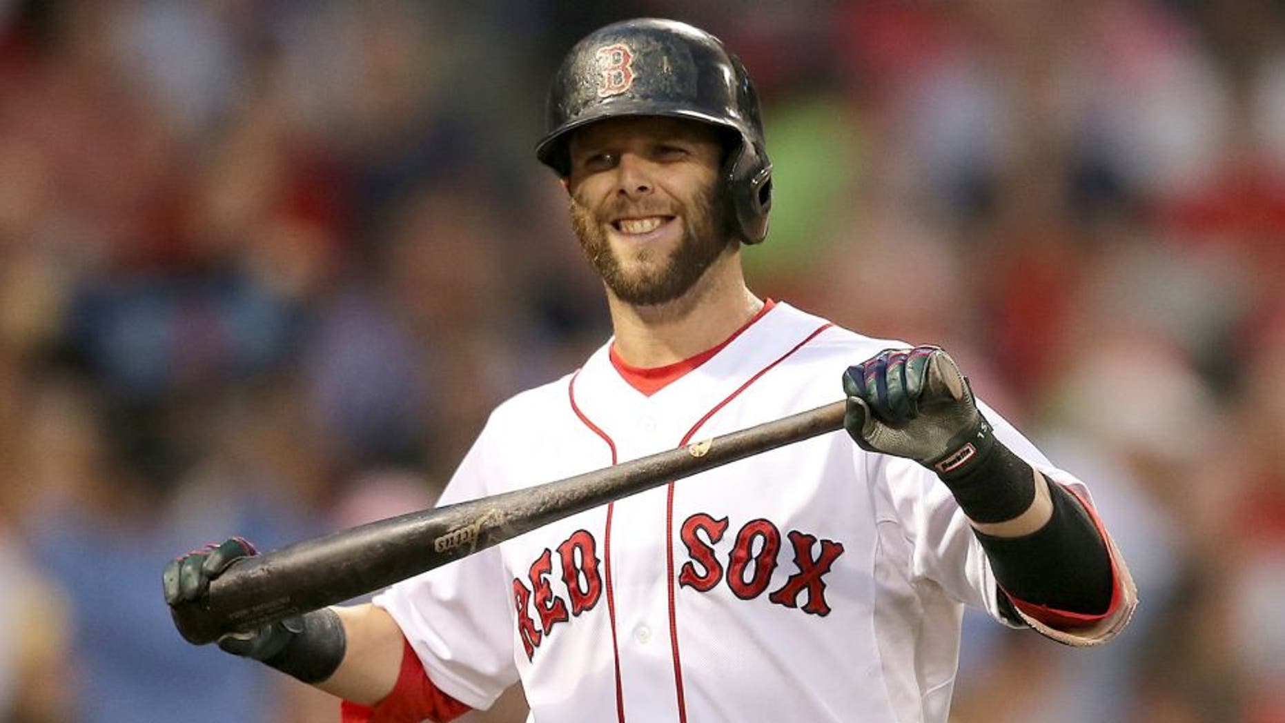 BOSTON, MA - JUNE 23: Dustin Pedroia #15 of the Boston Red Sox reacts after he struck out against the Baltimore Orioles in the fourth inning at Fenway Park on June 23, 2015 in Boston, Massachusetts. (Photo by Jim Rogash/Getty Images)