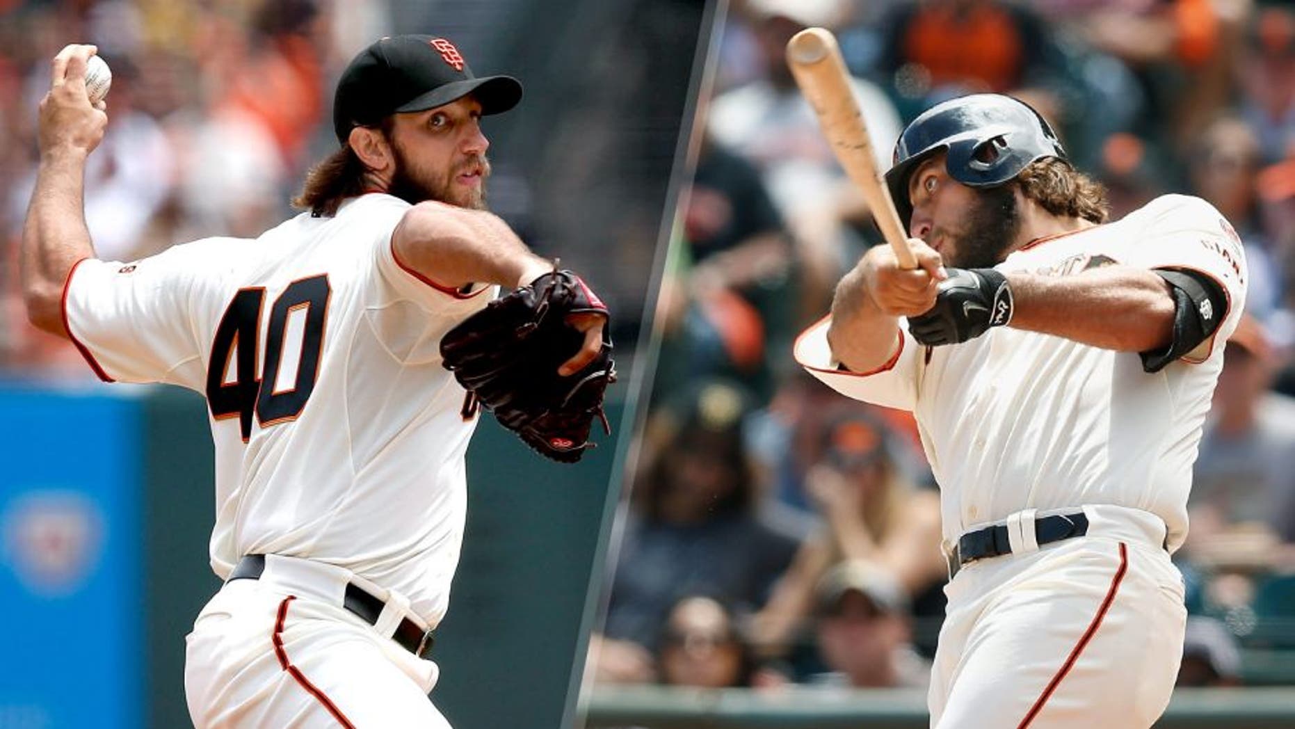 SAN FRANCISCO, CA - JULY 25: Madison Bumgarner #40 of the San Francisco Giants pitches in the first inning against the Oakland Athletics at AT&T Park on July 25, 2015 in San Francisco, California. (Photo by Lachlan Cunningham/Getty Images) SAN FRANCISCO, CA - JULY 25: Madison Bumgarner #40 of the San Francisco Giants hits a solo home run in the third inning against the Oakland Athletics at AT&T Park on July 25, 2015 in San Francisco, California. (Photo by Lachlan Cunningham/Getty Images)